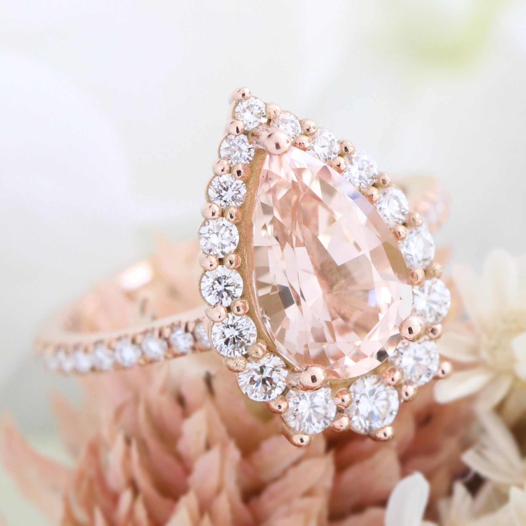 Large morganite ring rose gold halo diamond pear engagement ring la more design jewelry