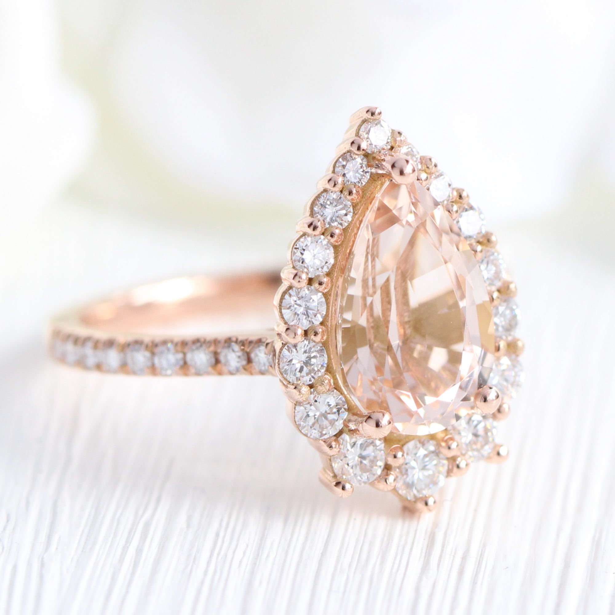 Large morganite ring rose gold halo diamond pear engagement ring la more design jewelry