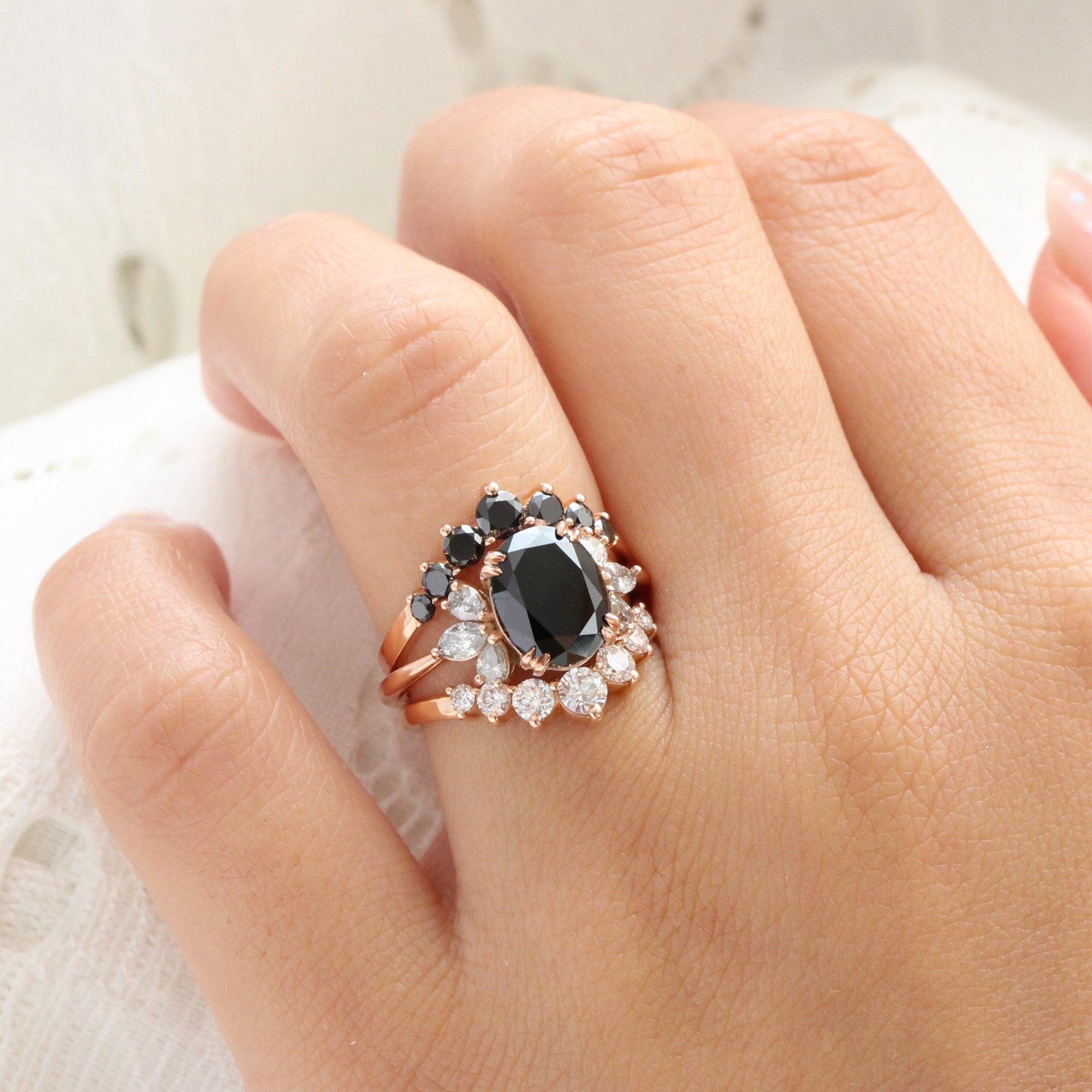 Large oval black diamond ring rose gold 3 stone salt and pepper diamond ring la more design jewelry