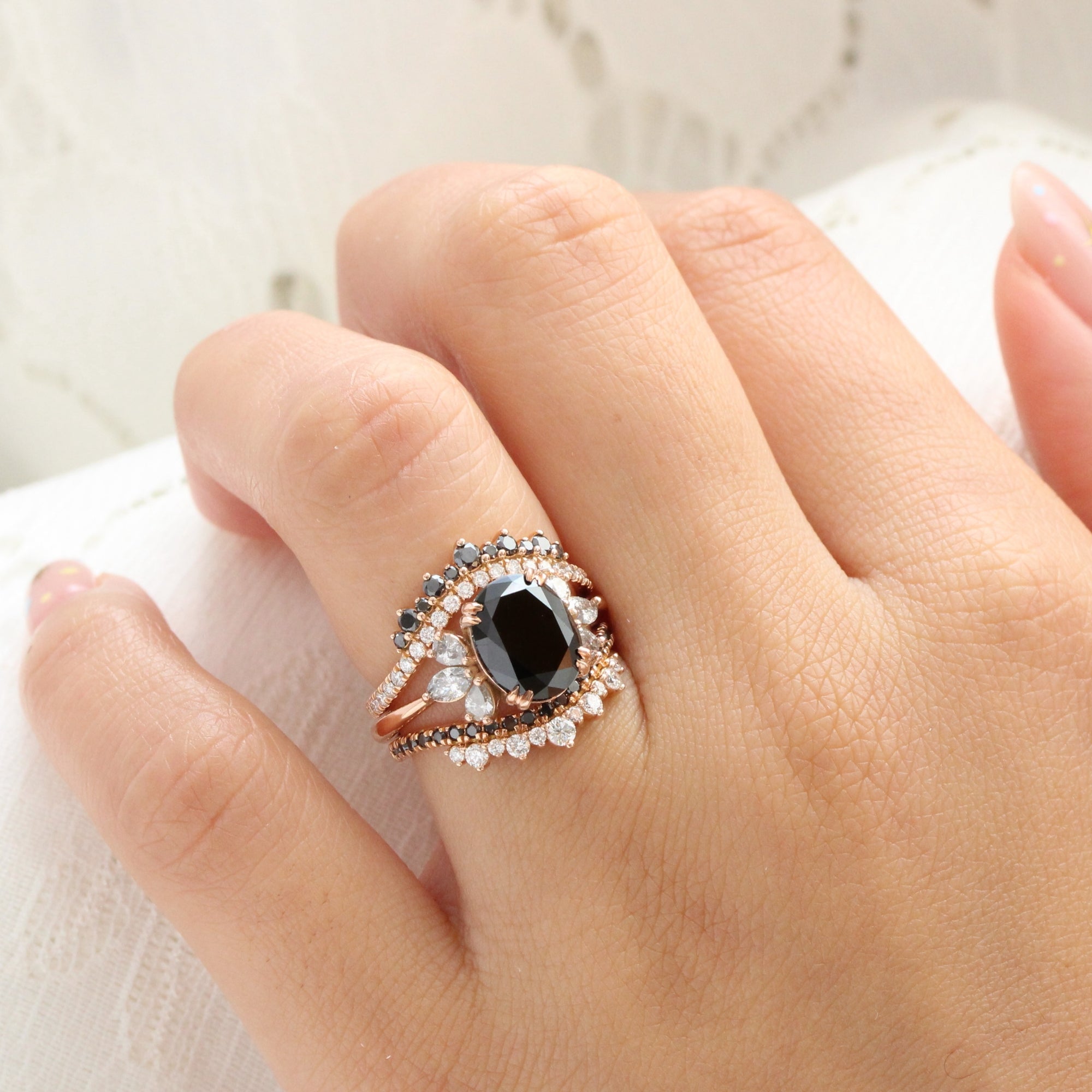 Large oval black diamond ring rose gold 3 stone salt and pepper diamond ring la more design jewelry