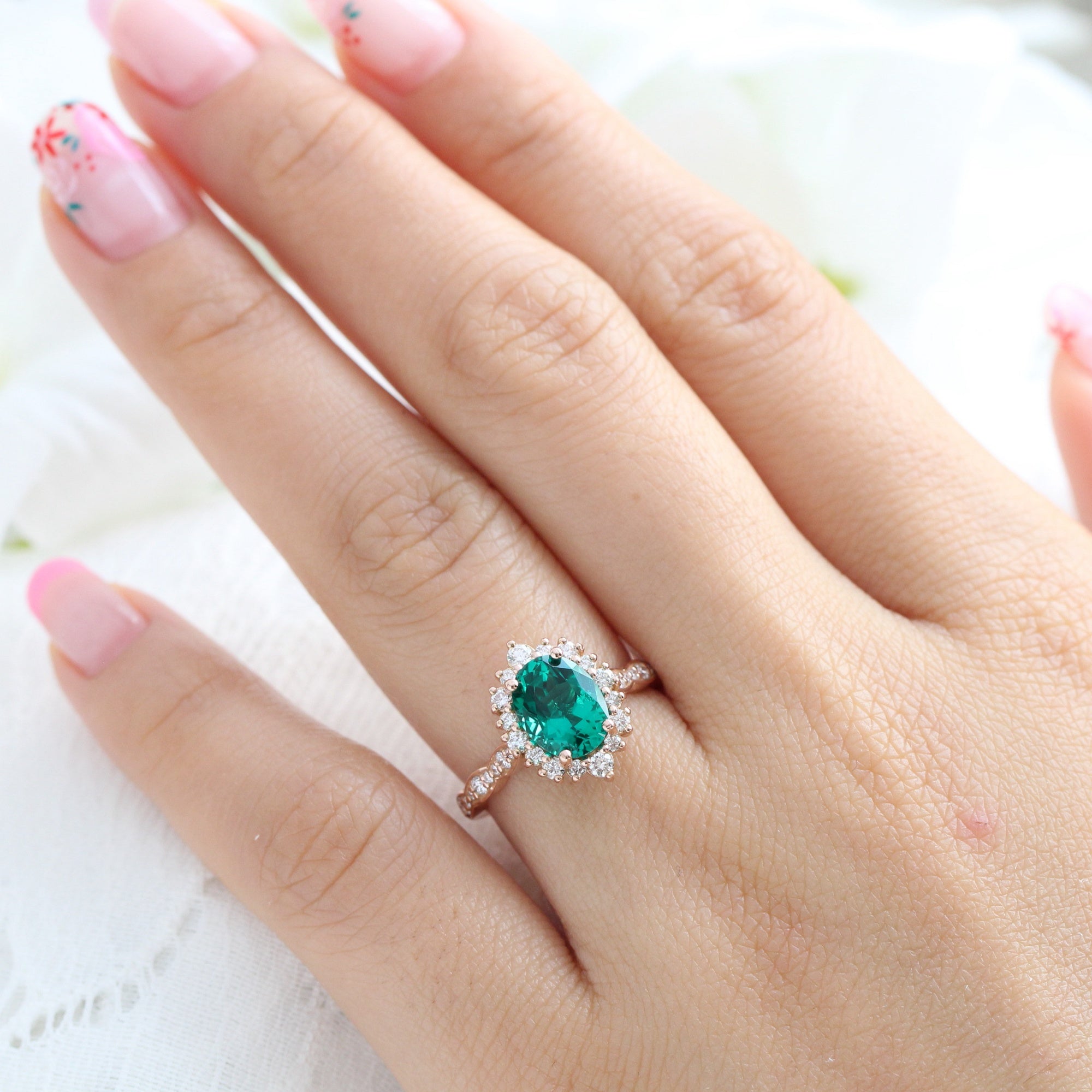 Large oval emerald ring rose gold halo diamond ring la more design jewelry