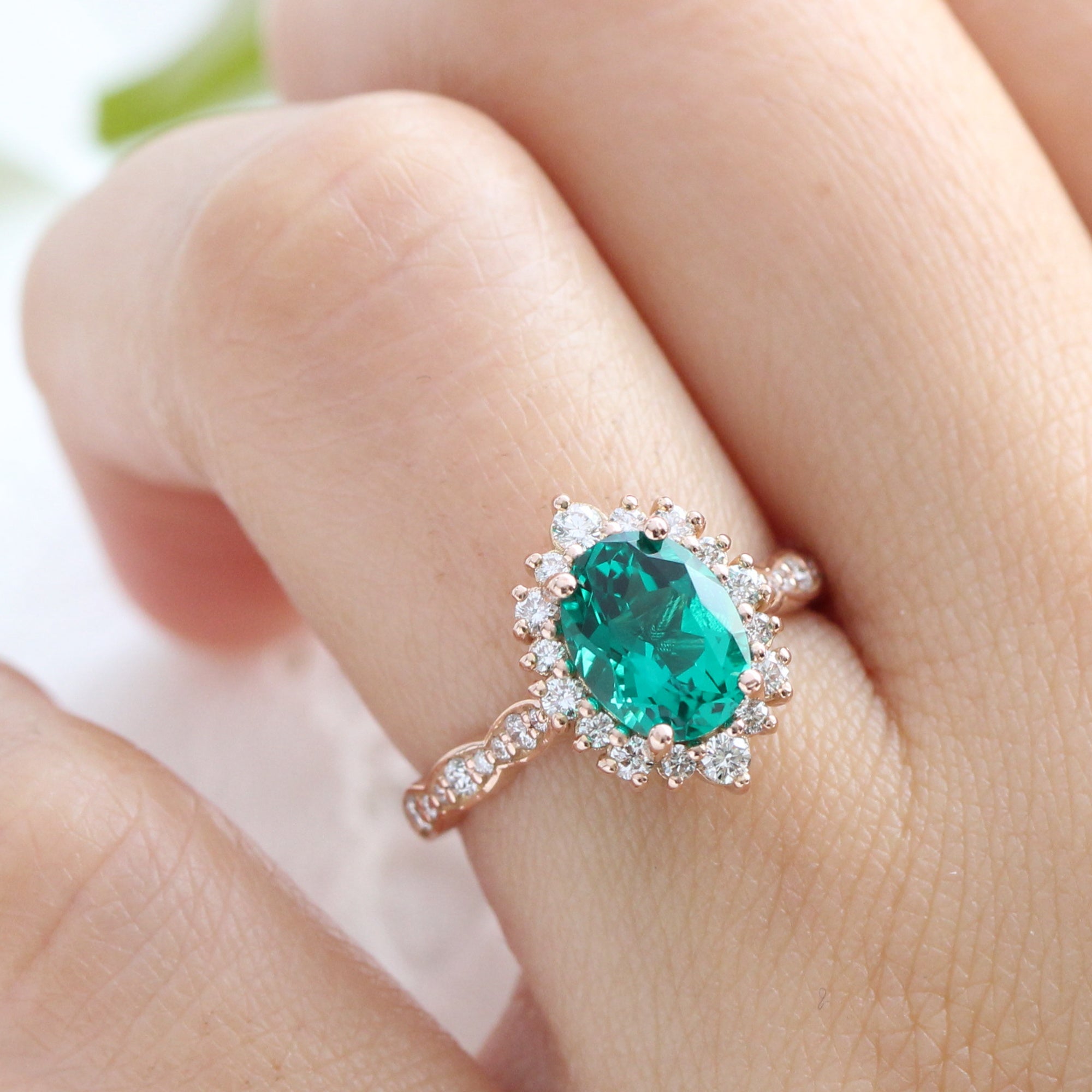 Large Oval Emerald Engagement Ring in Tiara Halo Diamond Scalloped Band