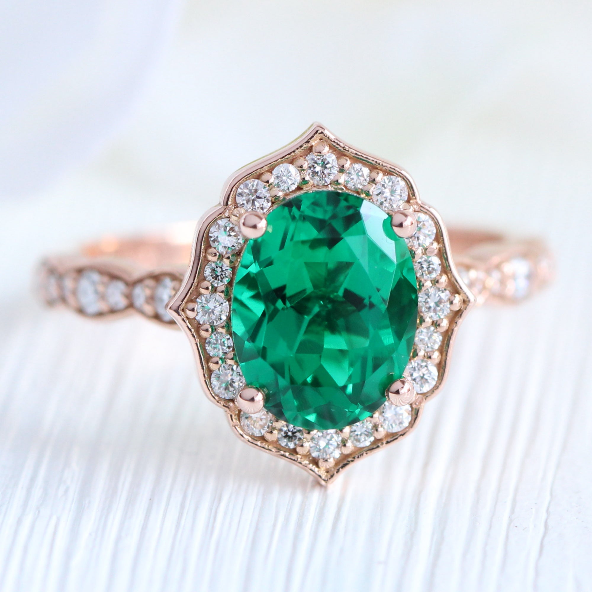 Large Oval Emerald Engagement Ring Rose Gold Vintage Halo Diamond Ring ...
