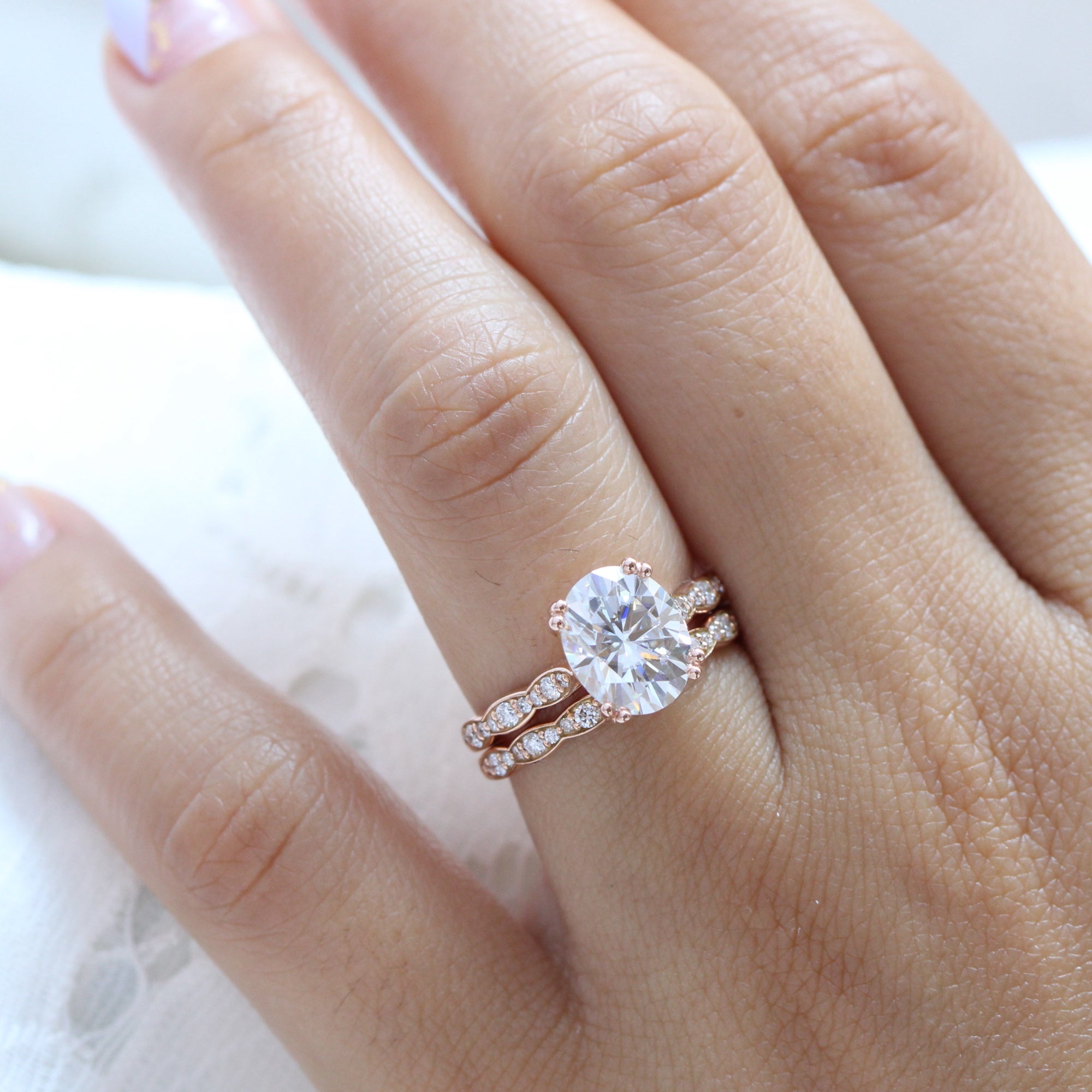 Large oval moissanite solitaire ring rose gold matching diamond wedding band set la more design jewelry