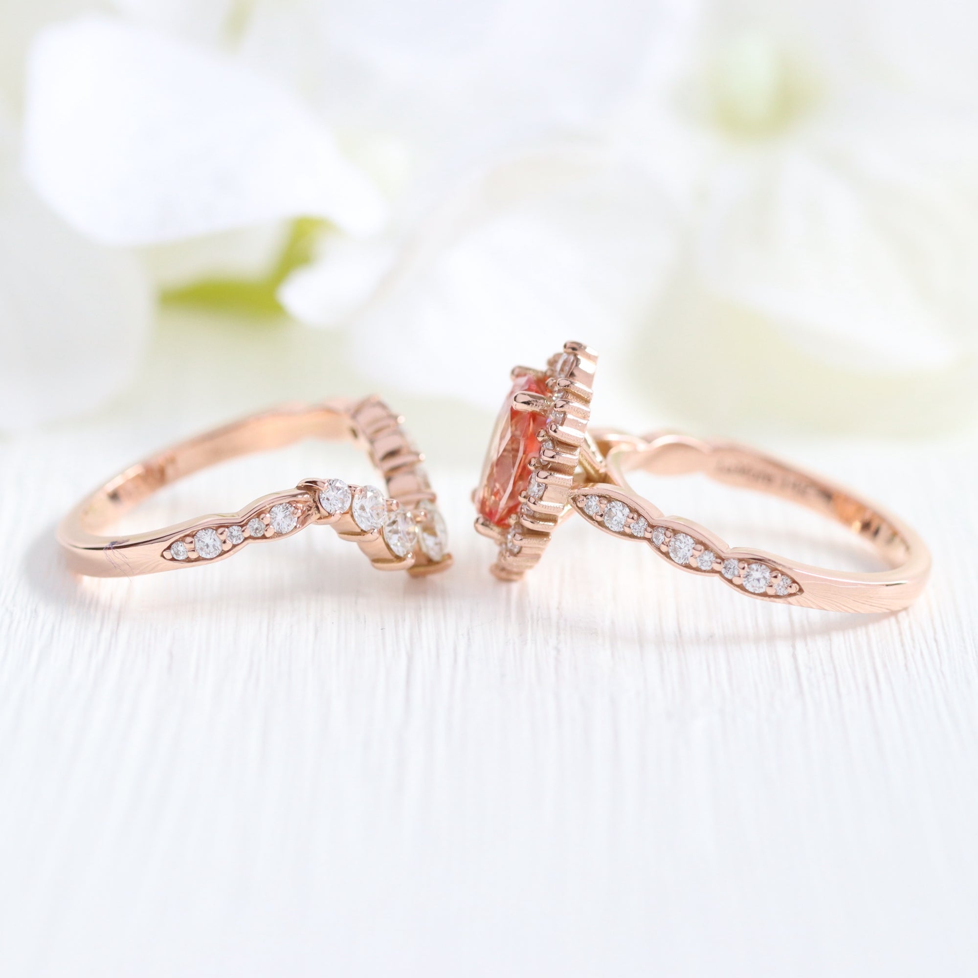 Large oval peach sapphire ring stack rose gold curved diamond wedding band la more design jewelry