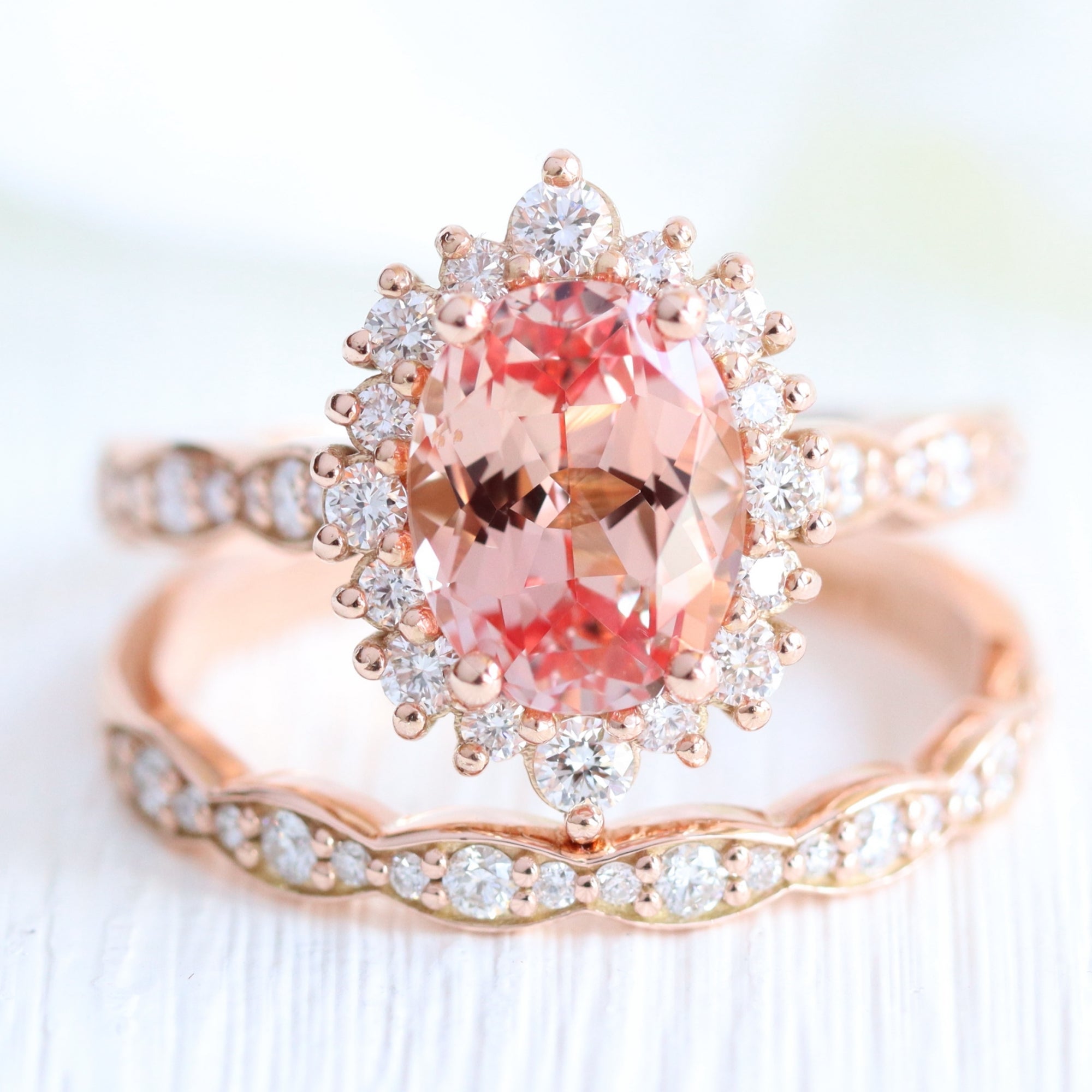 Large oval peach sapphire ring stack rose gold matching diamond wedding band la more design jewelry