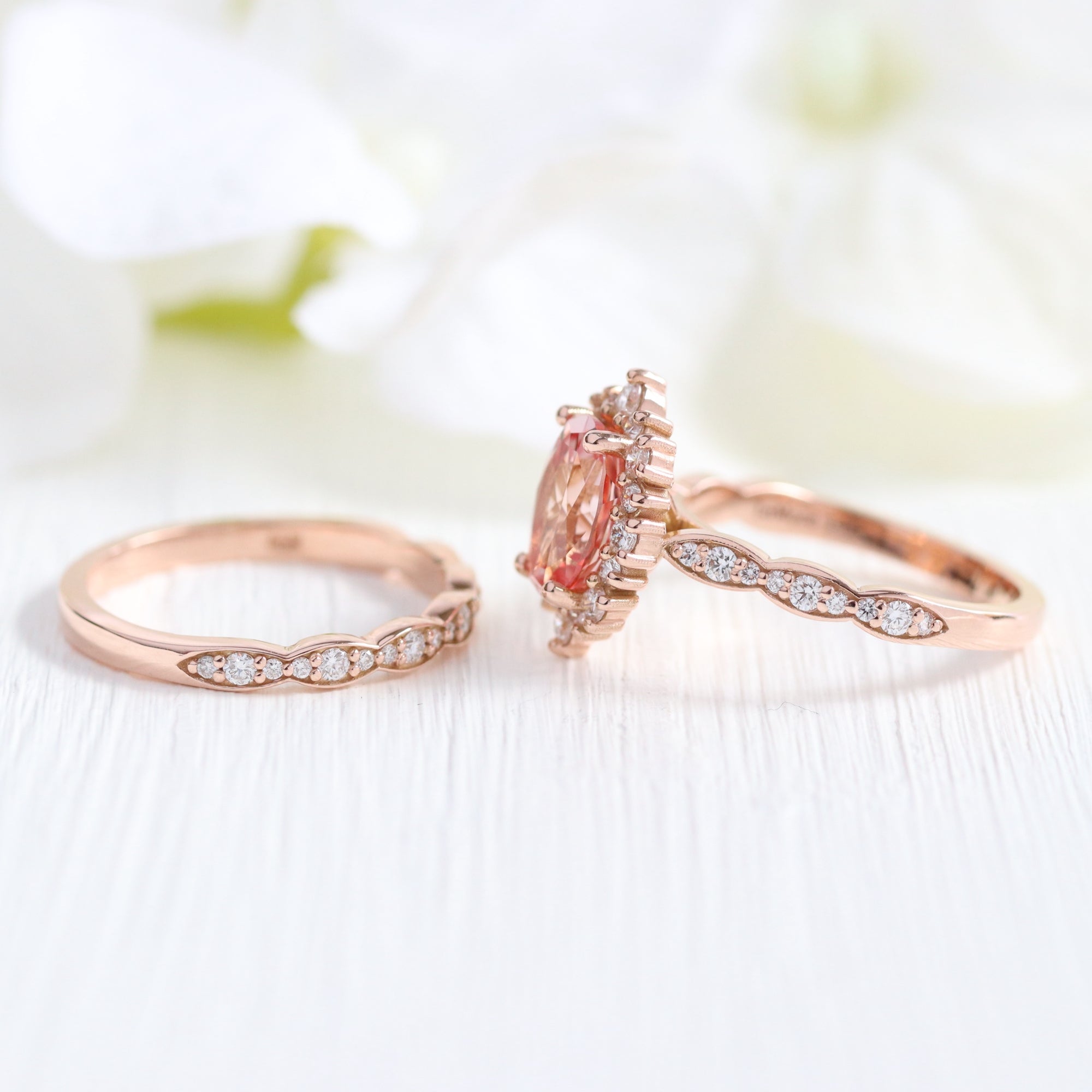 Large oval peach sapphire ring stack rose gold matching diamond wedding band la more design jewelry