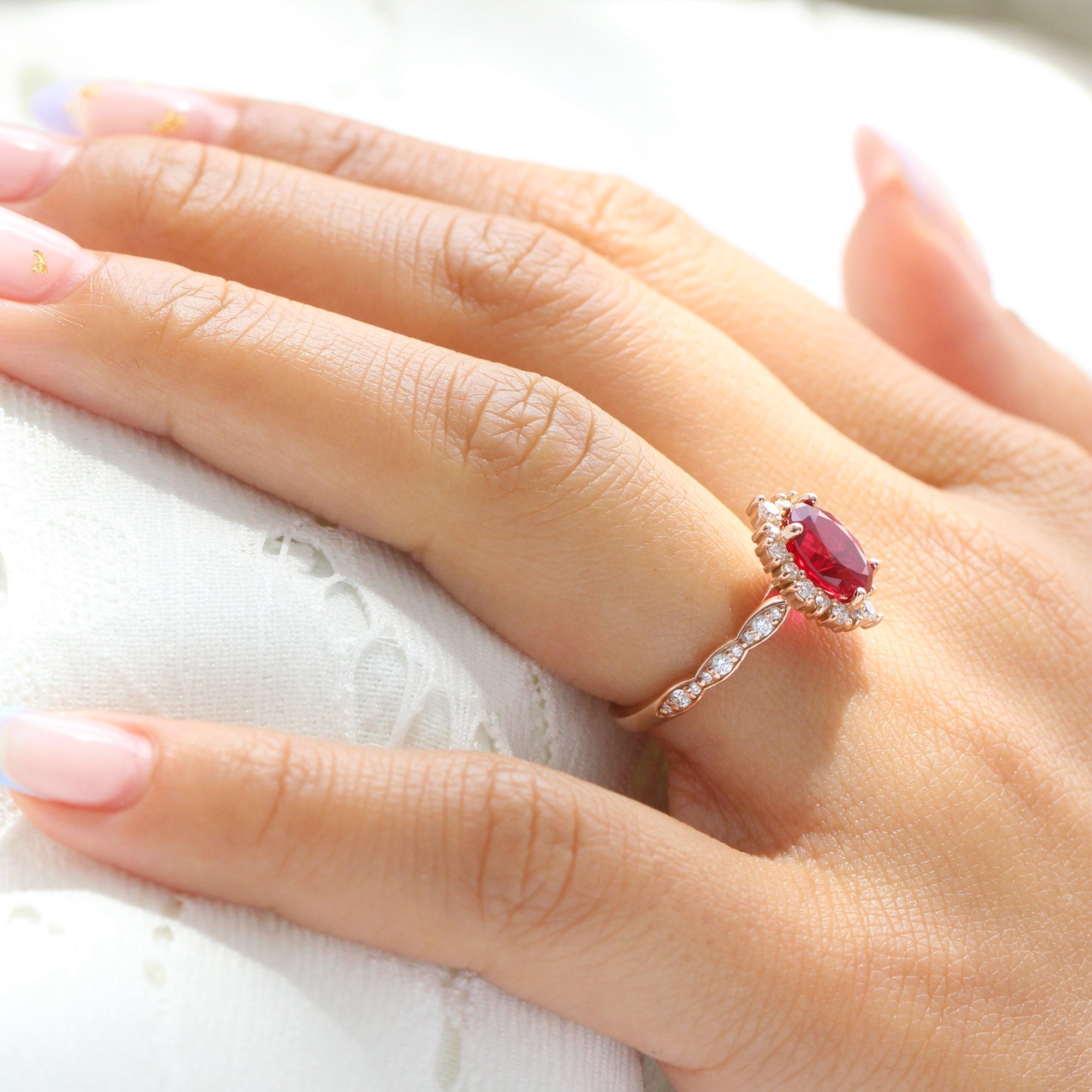 Large oval ruby engagement ring rose gold halo diamond ruby ring la more design jewelry