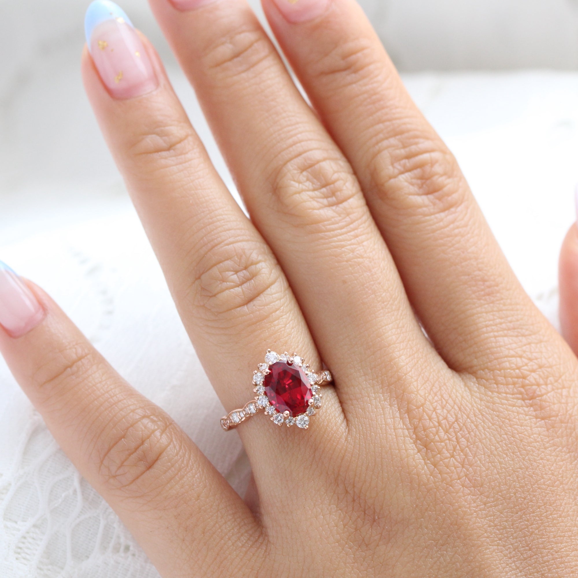 Large oval ruby engagement ring rose gold halo diamond ruby ring la more design jewelry