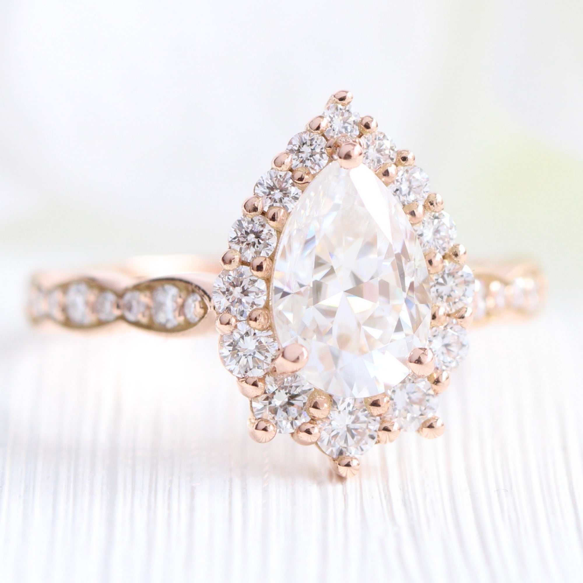 Large pear moissanite halo diamond engagement ring rose gold la more design jewelry