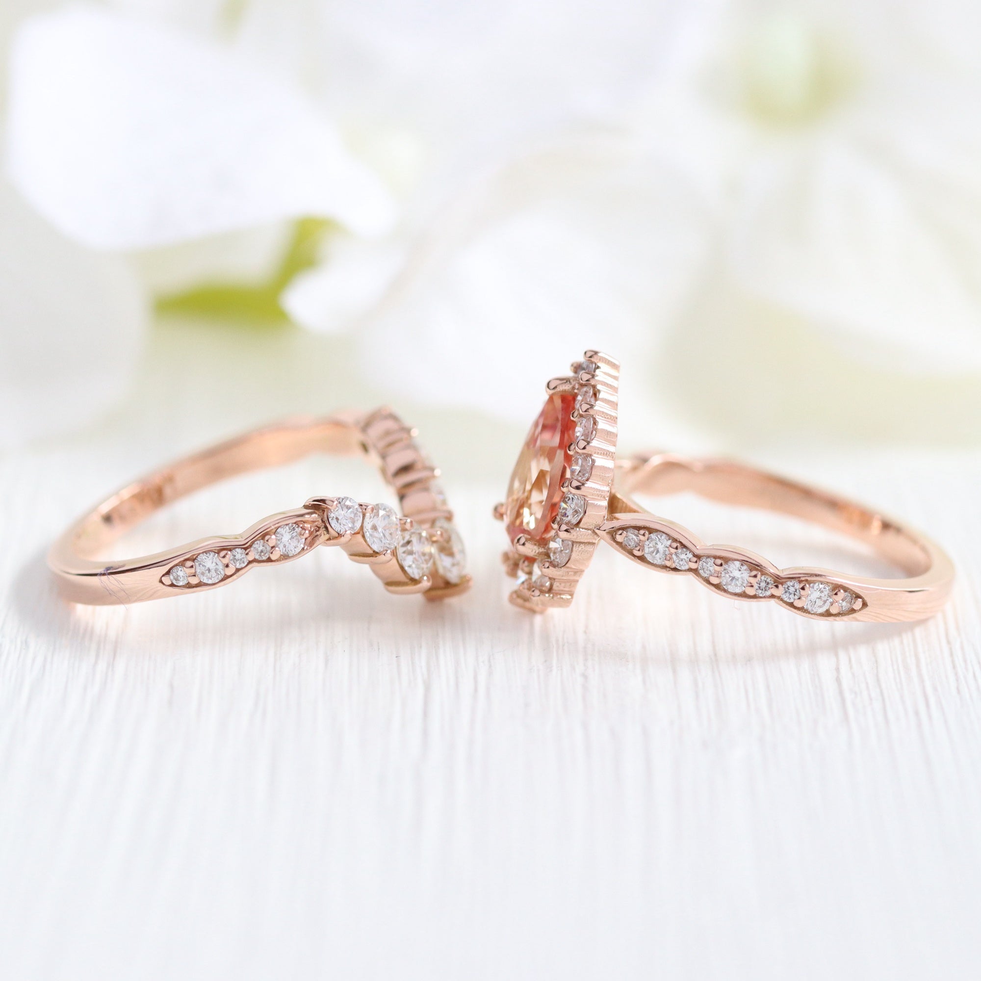 Large pear peach sapphire ring stack rose gold curved diamond wedding band la more design jewelry