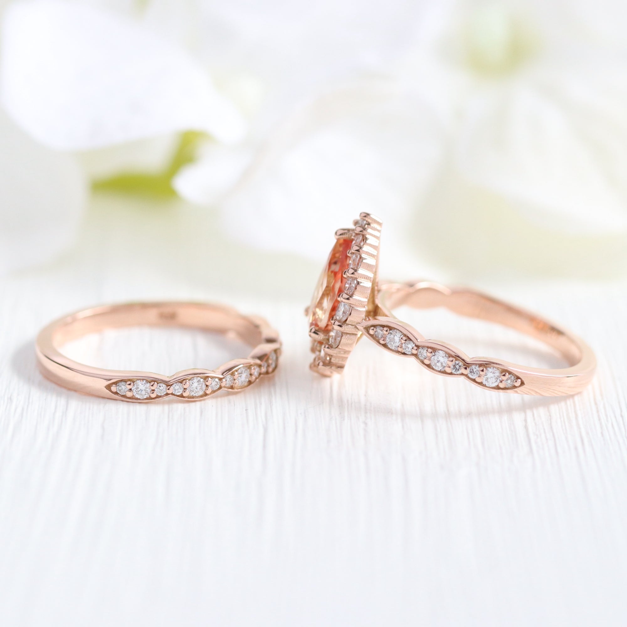 Large pear peach sapphire ring stack rose gold matching diamond wedding band la more design jewelry