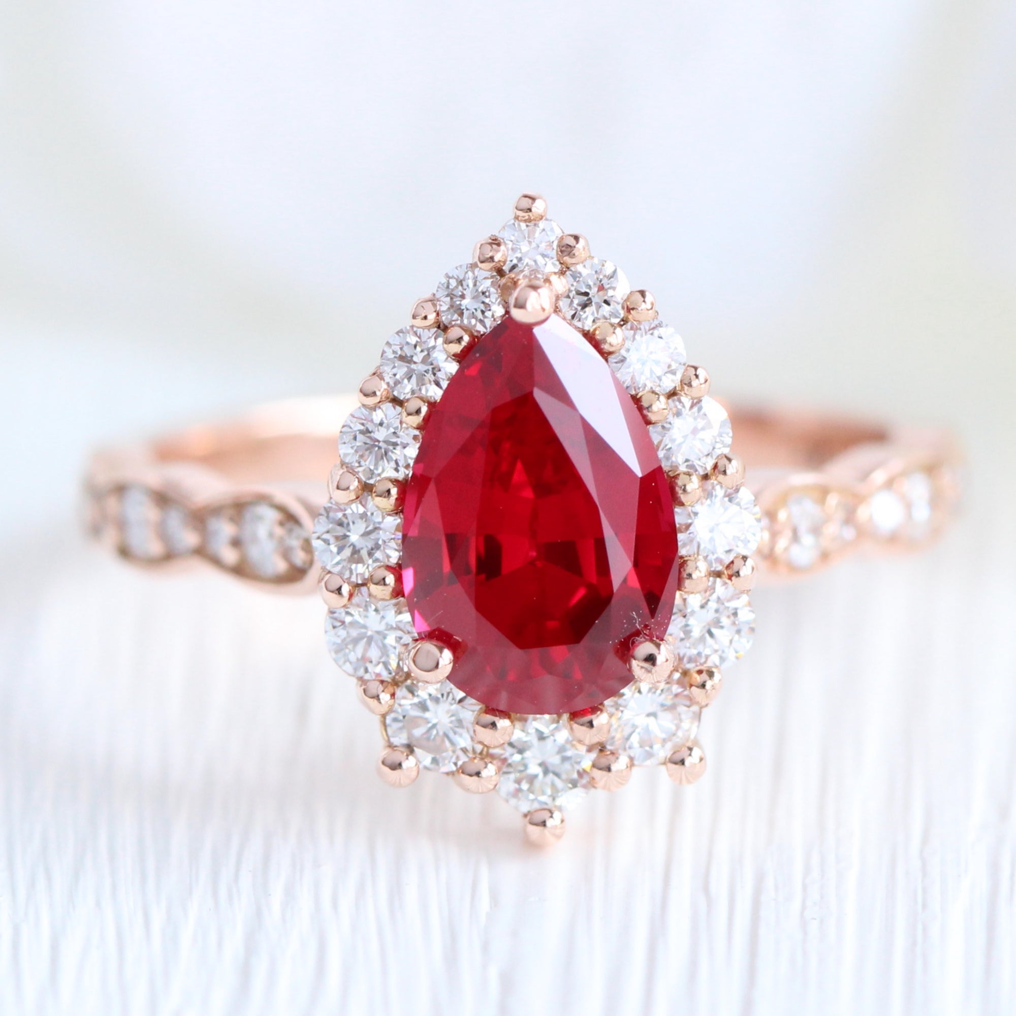 halo diamond large pear ruby ring stack rose gold deep curved wedding band la more design jewelry