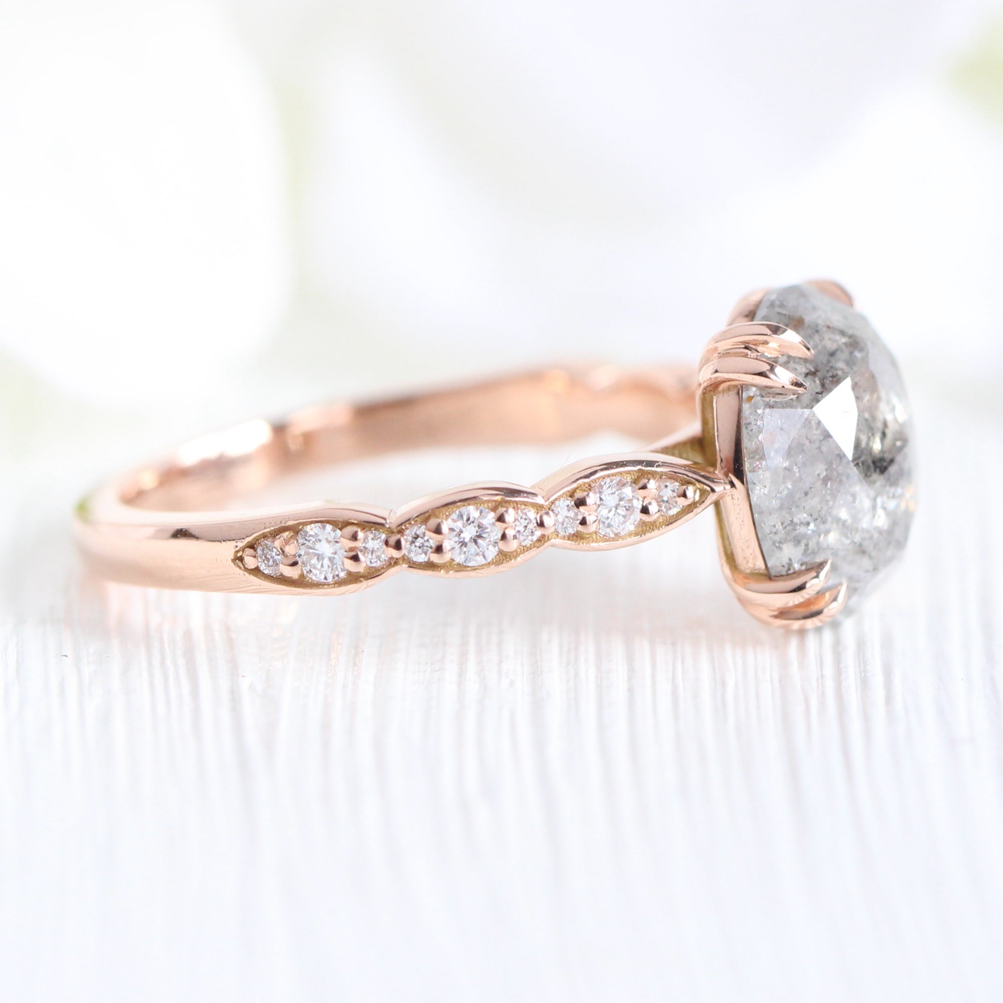 Large salt and pepper diamond ring rose gold oval solitaire ring la more design jewelry