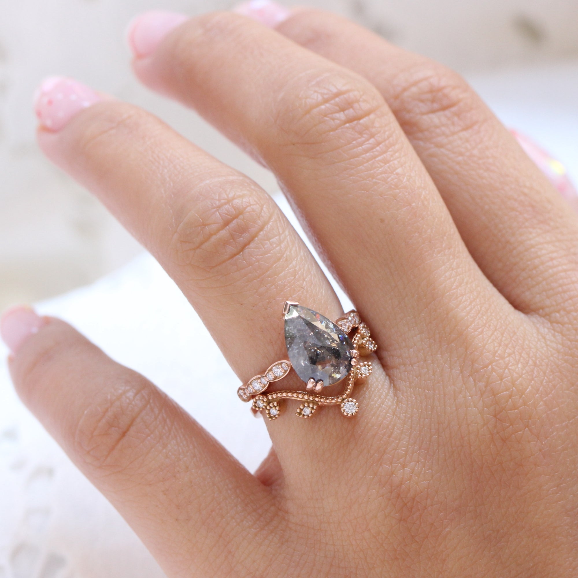 Large salt and pepper diamond ring rose gold pear solitaire ring la more design jewelry