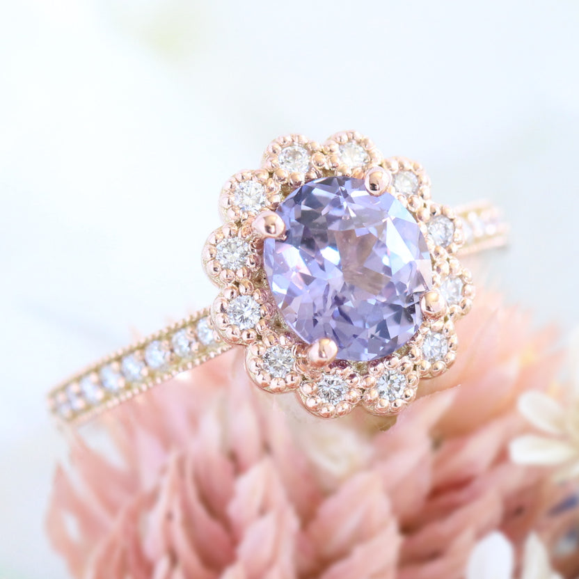 Lavender Sapphire Engagement Ring Rose Gold Vintage Halo Diamond Ring ...