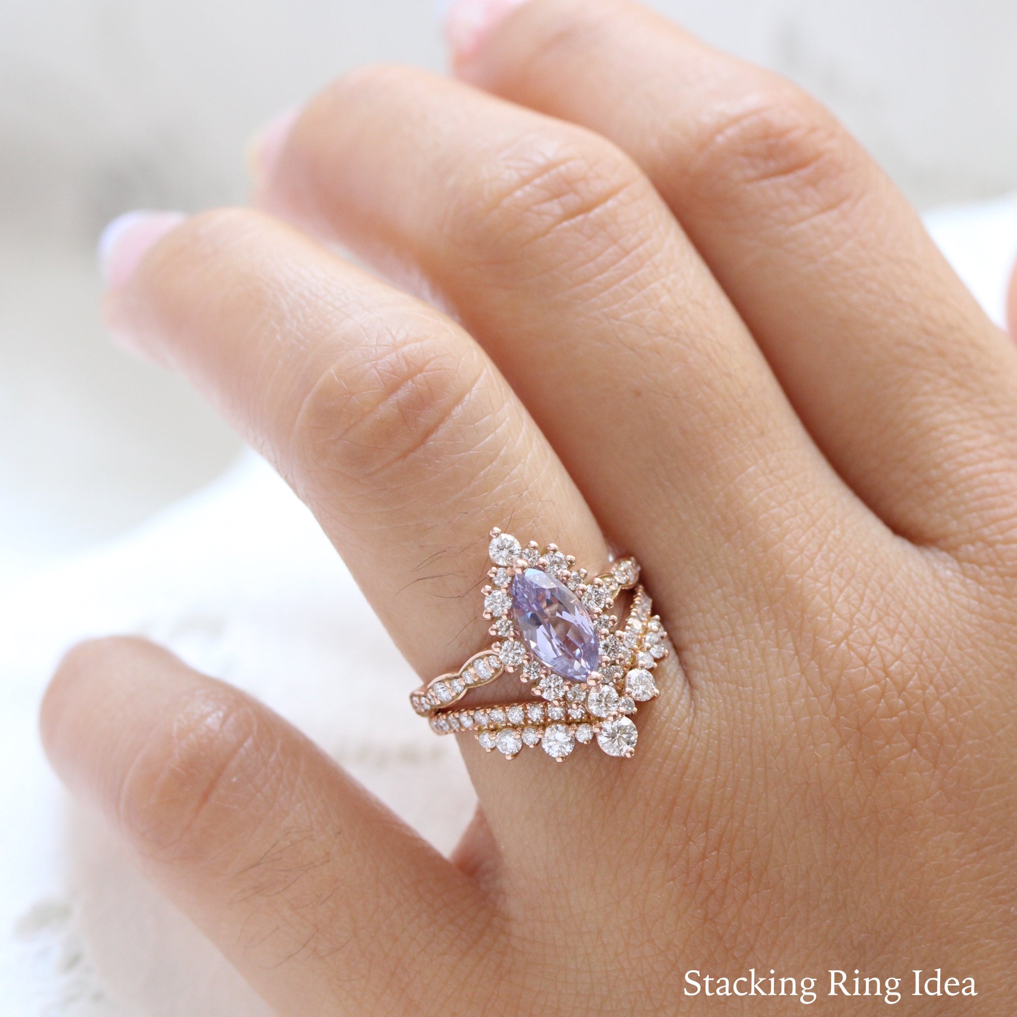 Lavender sapphire ring rose gold halo diamond marquise engagement ring la more design jewelry