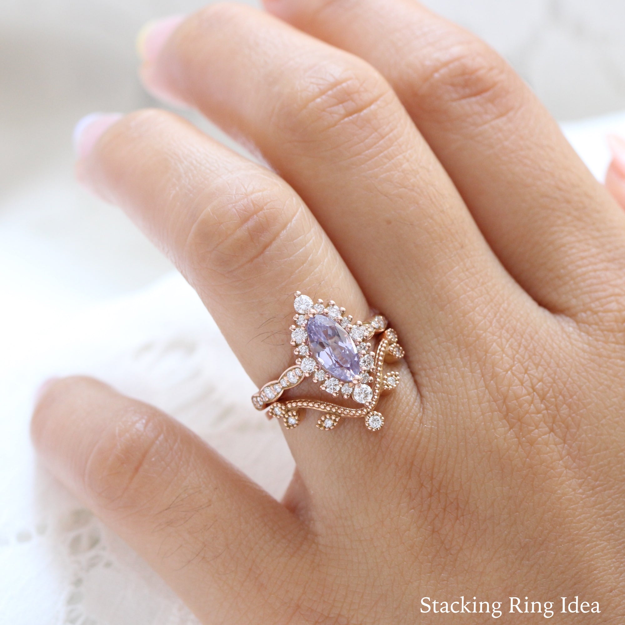 Lavender sapphire ring rose gold halo diamond marquise engagement ring la more design jewelry