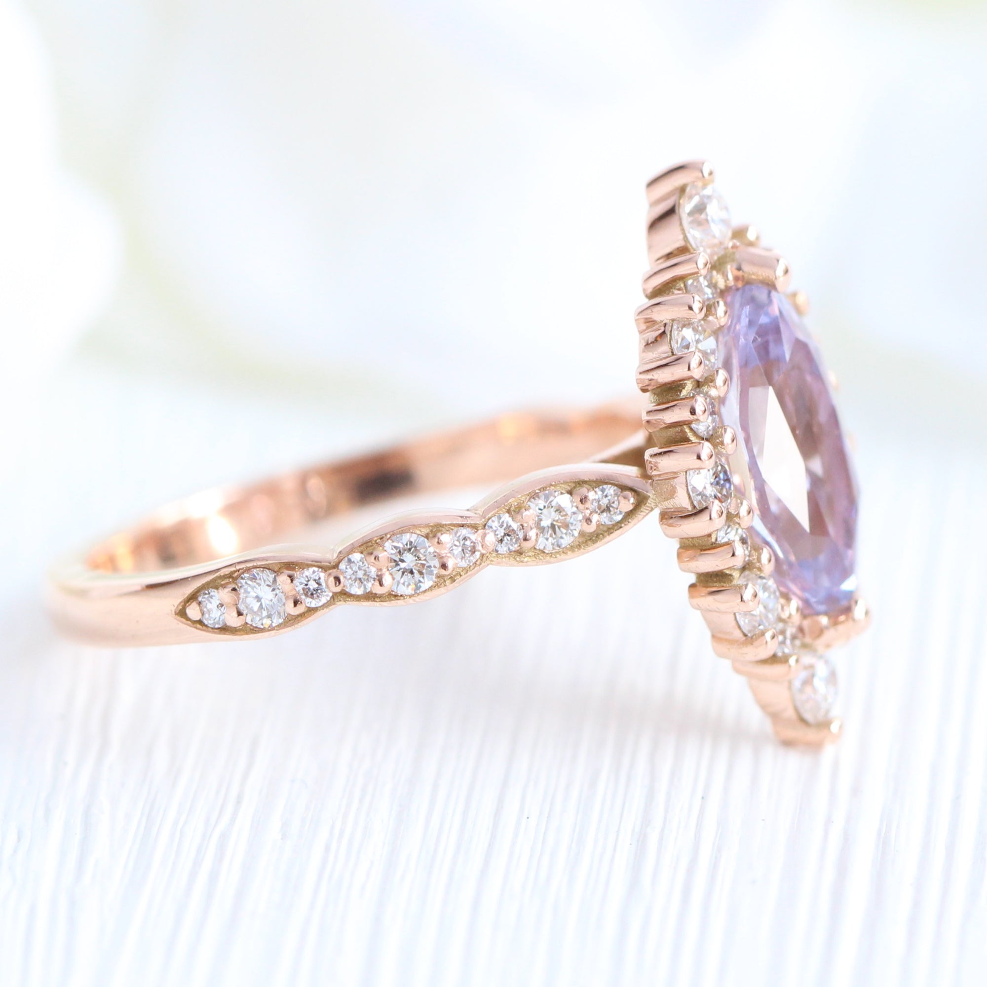 Lavender sapphire ring rose gold halo diamond marquise engagement ring la more design jewelry