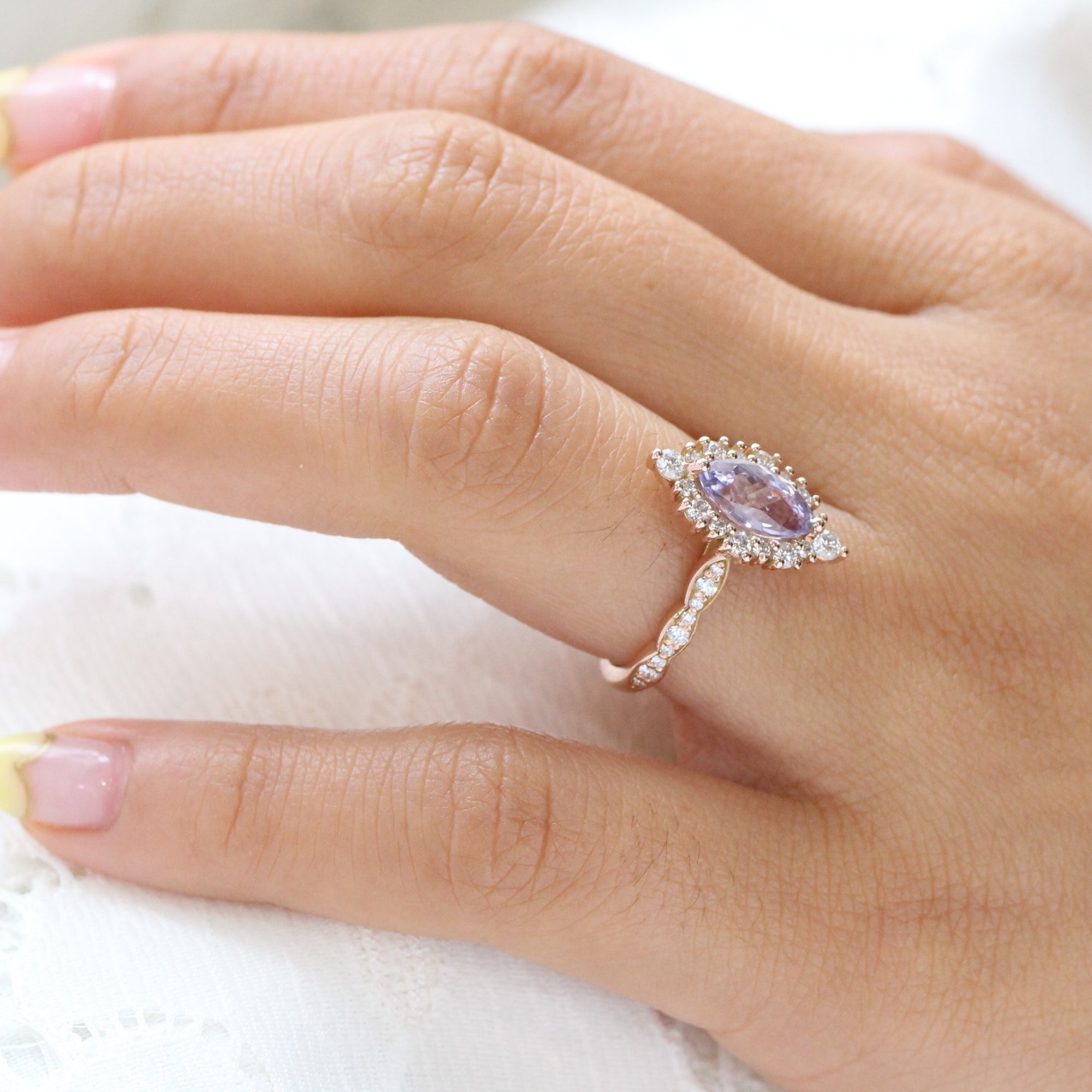 Lavender sapphire ring rose gold halo diamond marquise engagement ring la more design jewelry