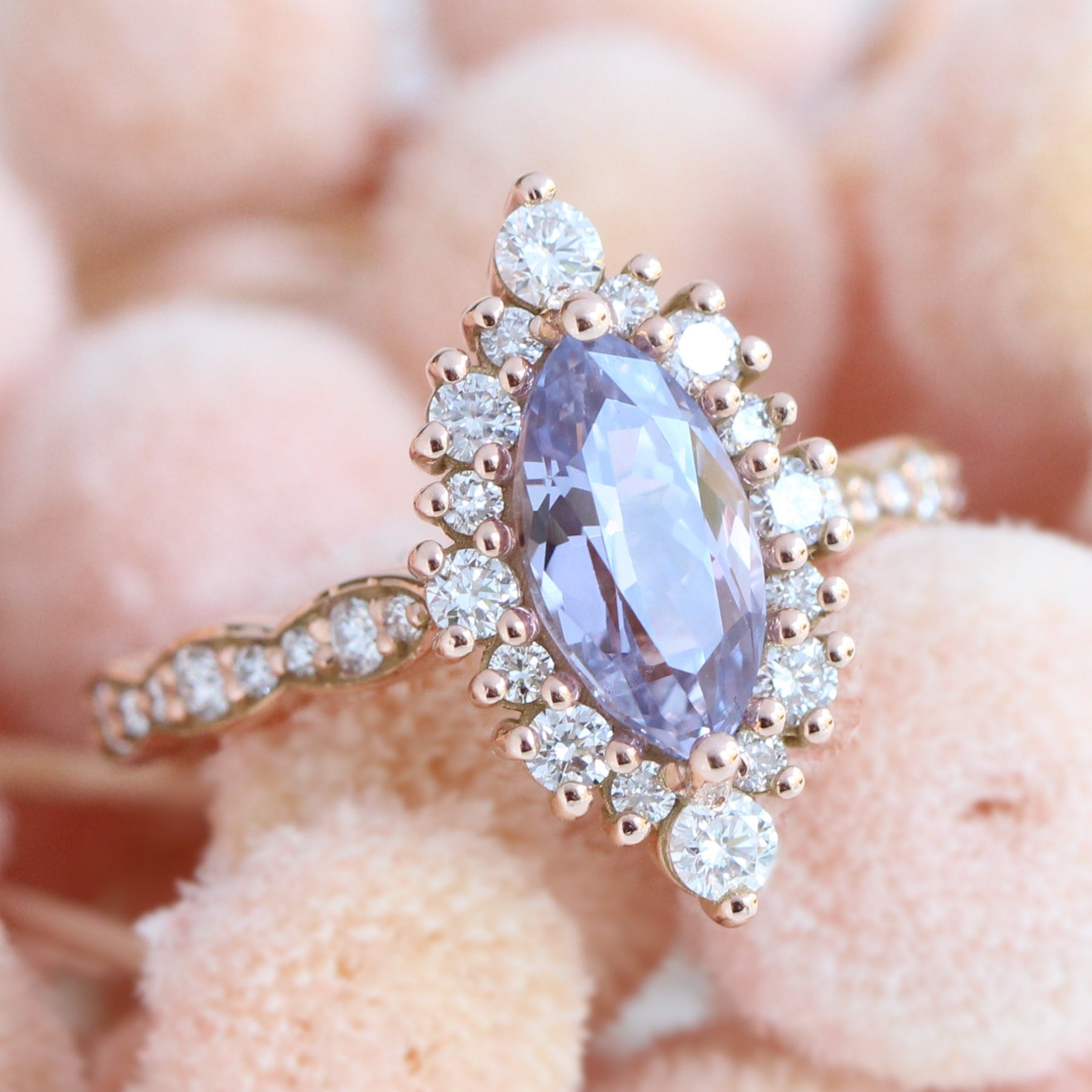 Lavender sapphire ring rose gold halo diamond marquise engagement ring la more design jewelry