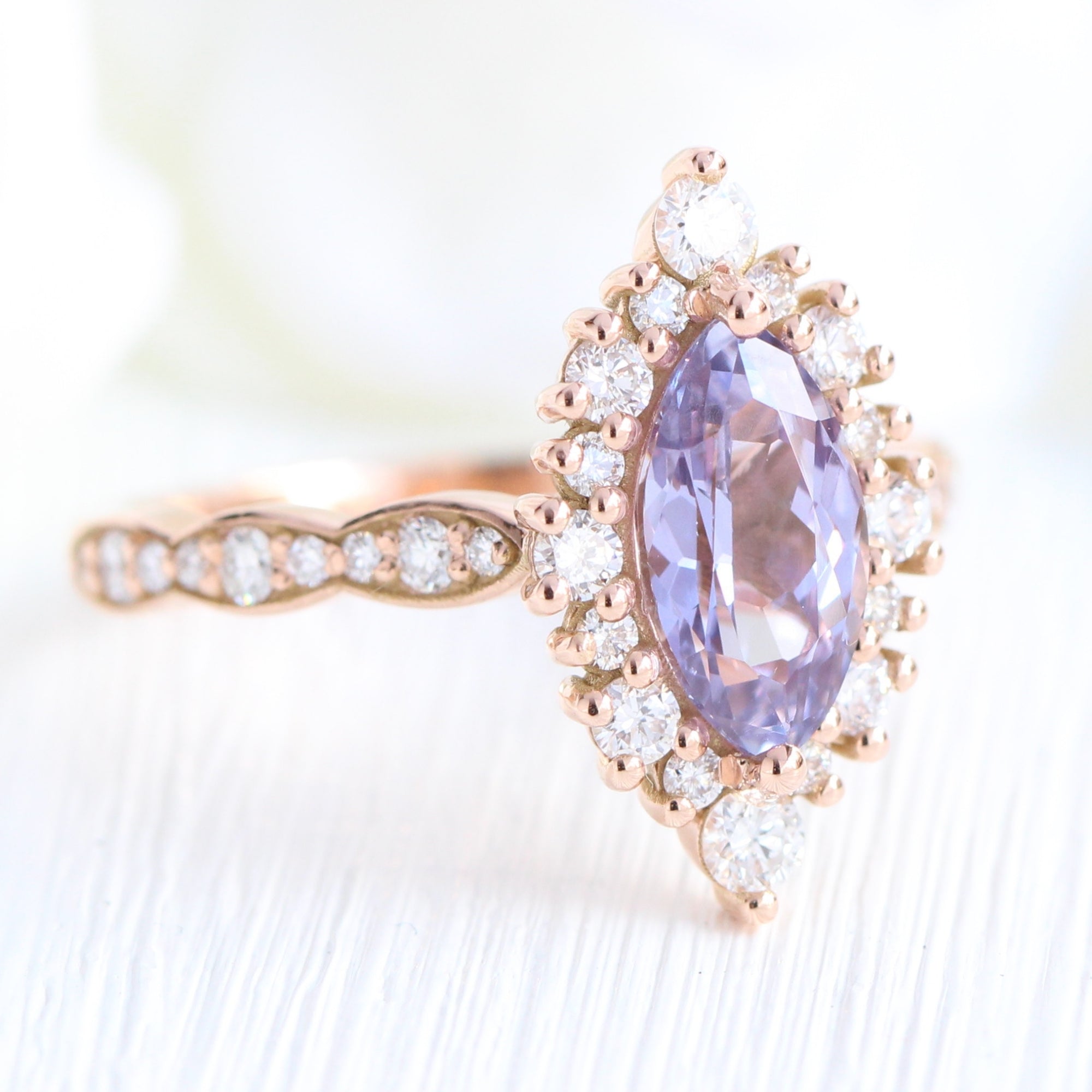 Lavender sapphire ring rose gold halo diamond marquise engagement ring la more design jewelry