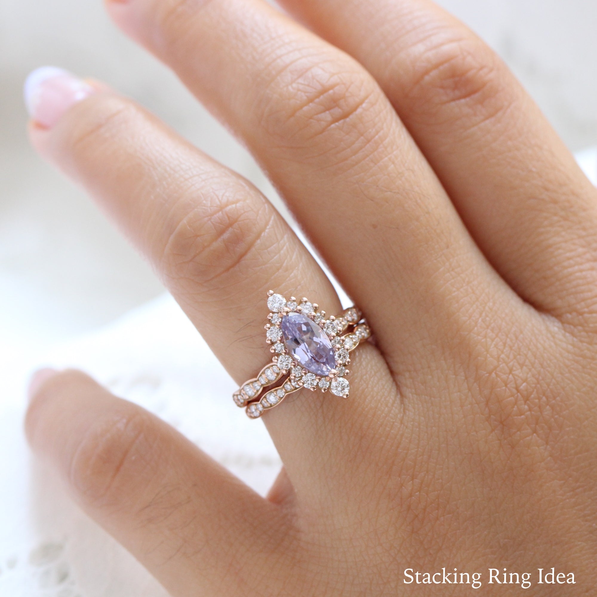 Lavender sapphire ring rose gold halo diamond marquise engagement ring la more design jewelry