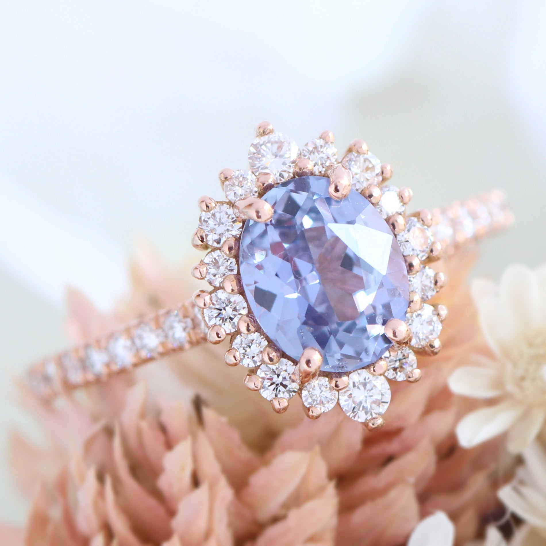 Lavender sapphire ring rose gold halo diamond oval engagement ring la more design jewelry