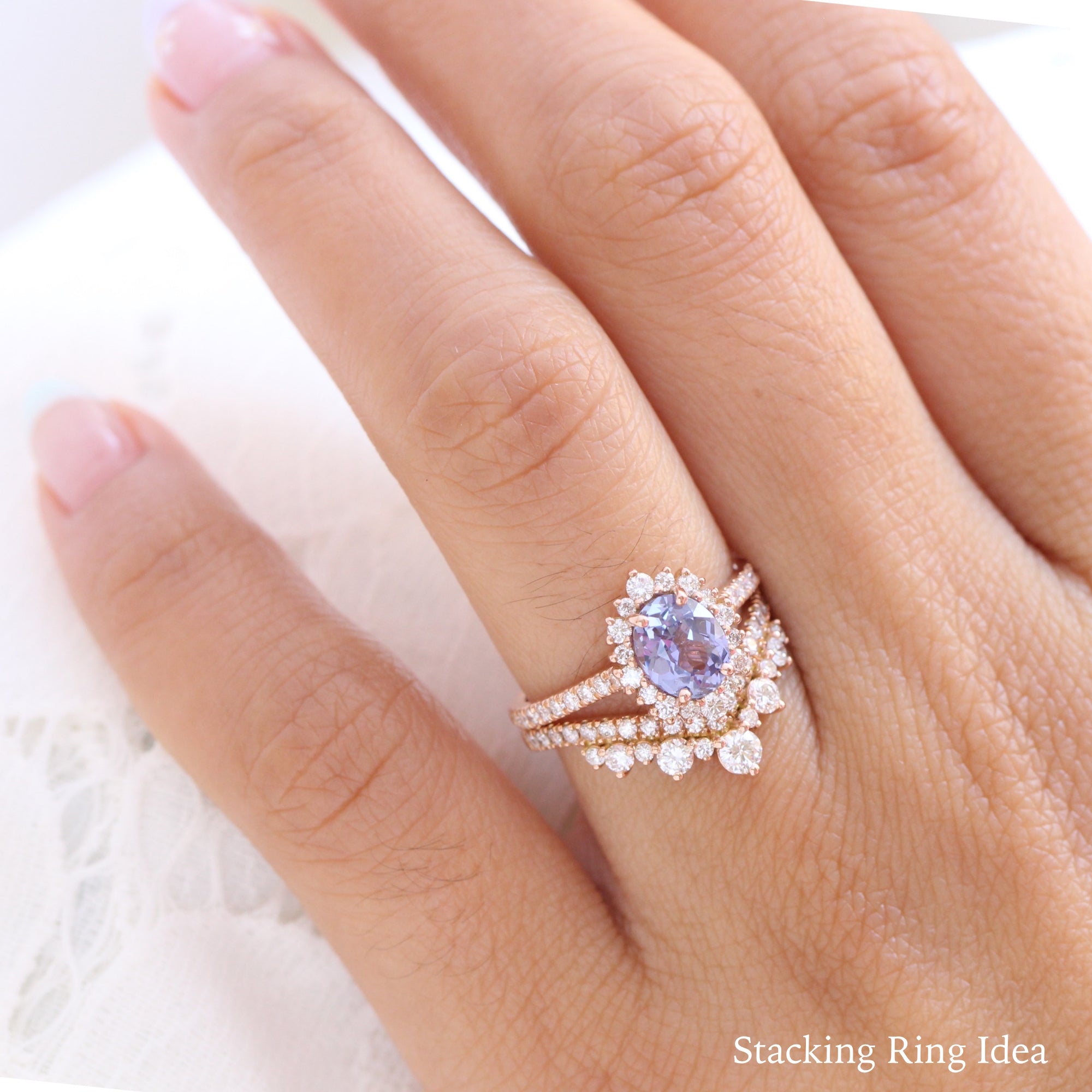 Lavender sapphire ring rose gold halo diamond oval engagement ring la more design jewelry