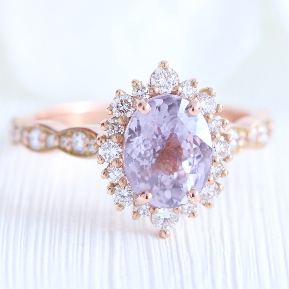 Lavender sapphire ring rose gold halo diamond oval engagement ring la more design jewelry