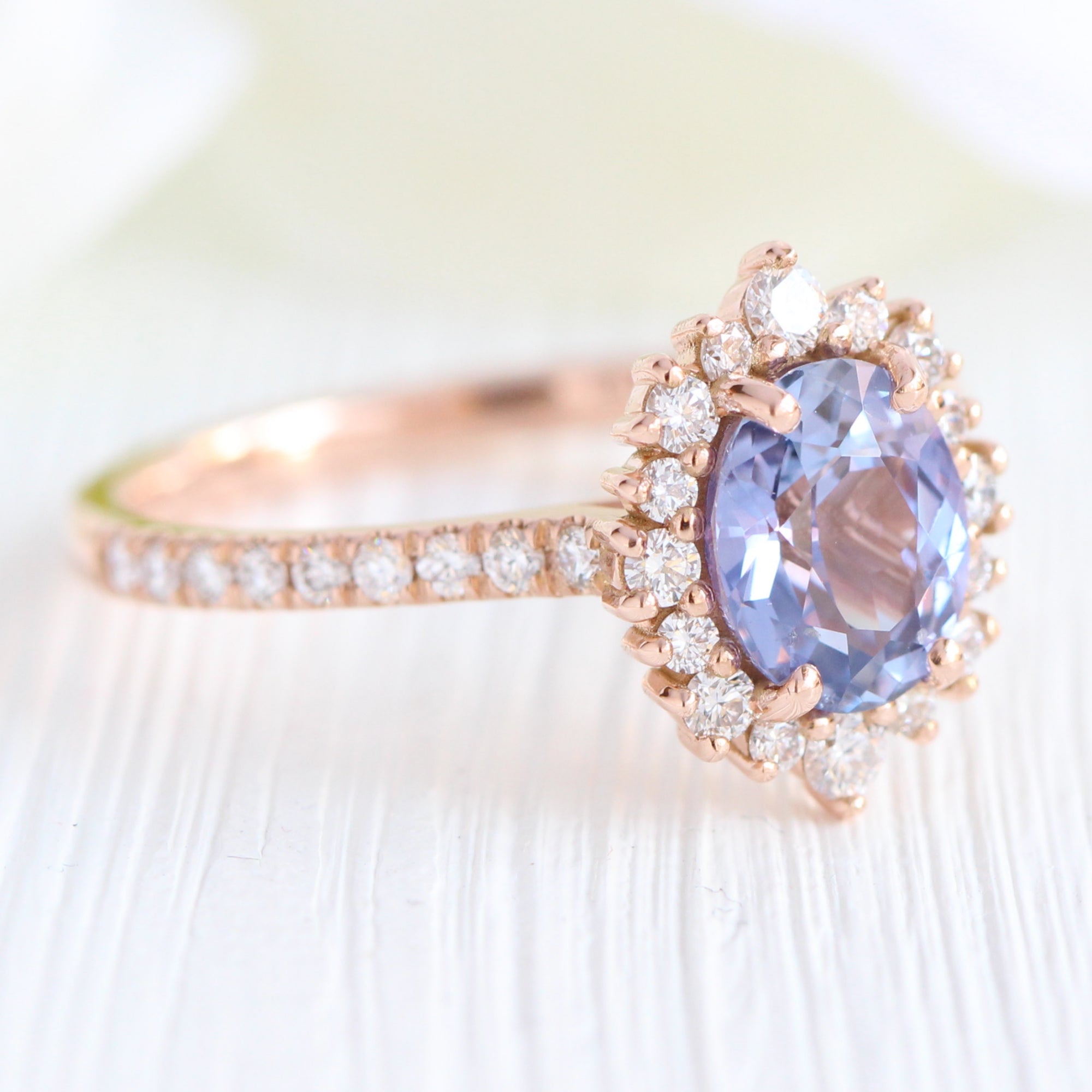 Lavender sapphire ring rose gold halo diamond oval engagement ring la more design jewelry