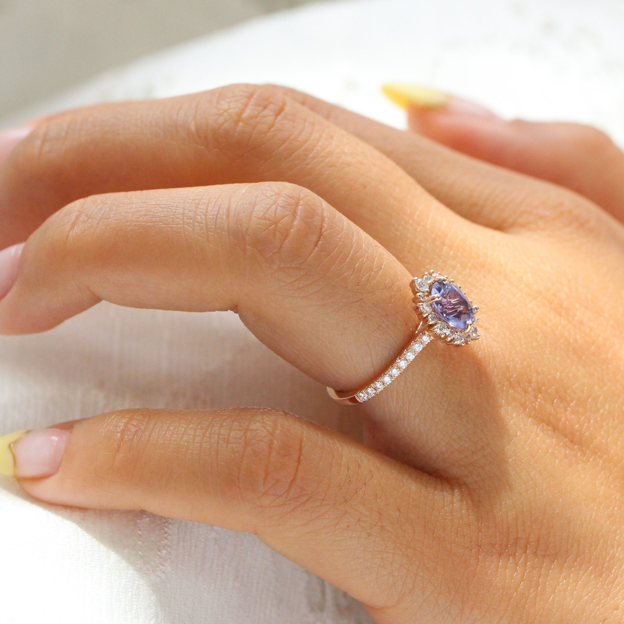 Lavender sapphire ring rose gold halo diamond oval engagement ring la more design jewelry