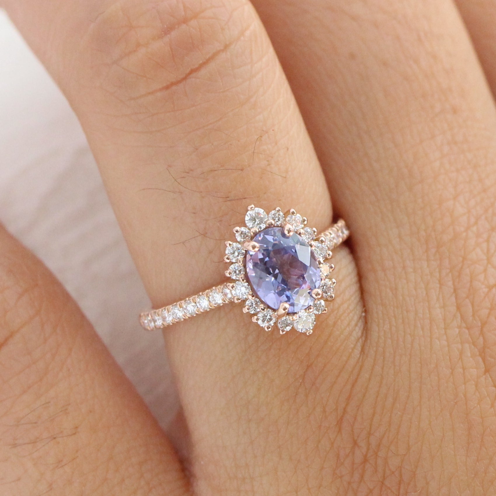 Lavender sapphire ring rose gold halo diamond oval engagement ring la more design jewelry