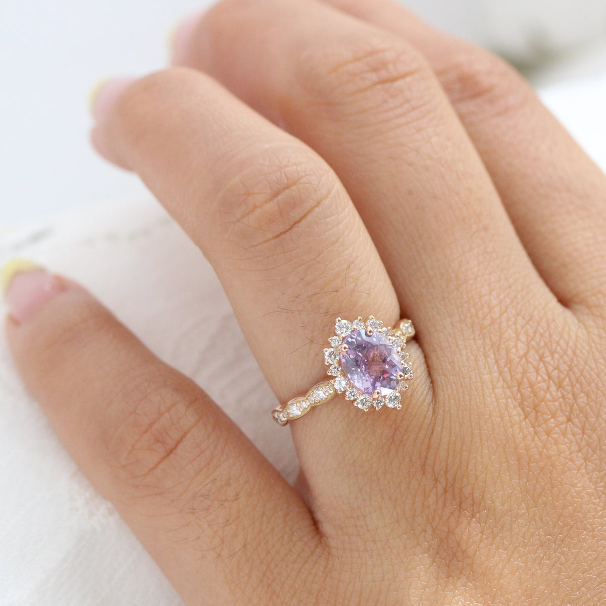 Lavender sapphire ring rose gold halo diamond oval engagement ring la more design jewelry