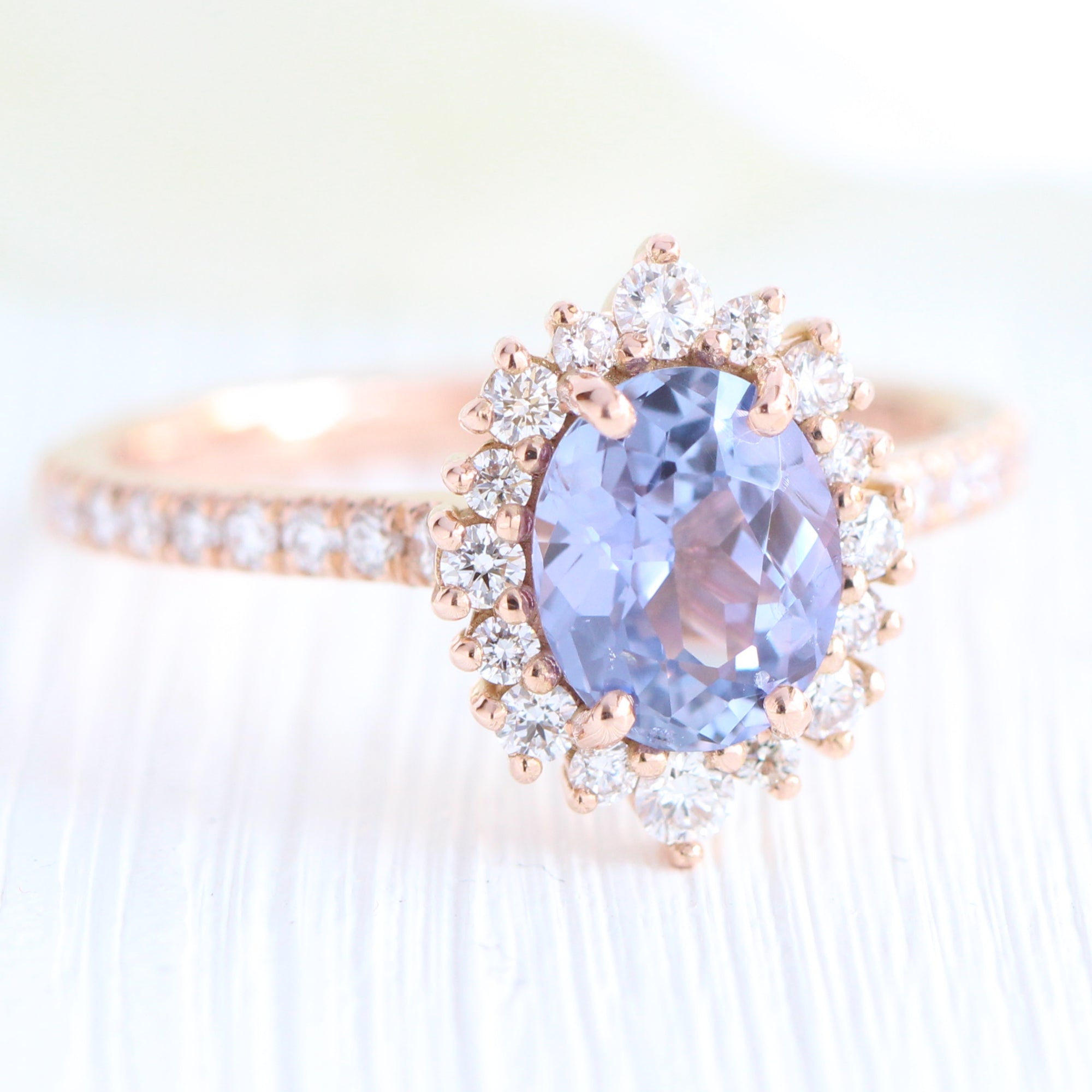 Lavender sapphire ring rose gold halo diamond oval engagement ring la more design jewelry