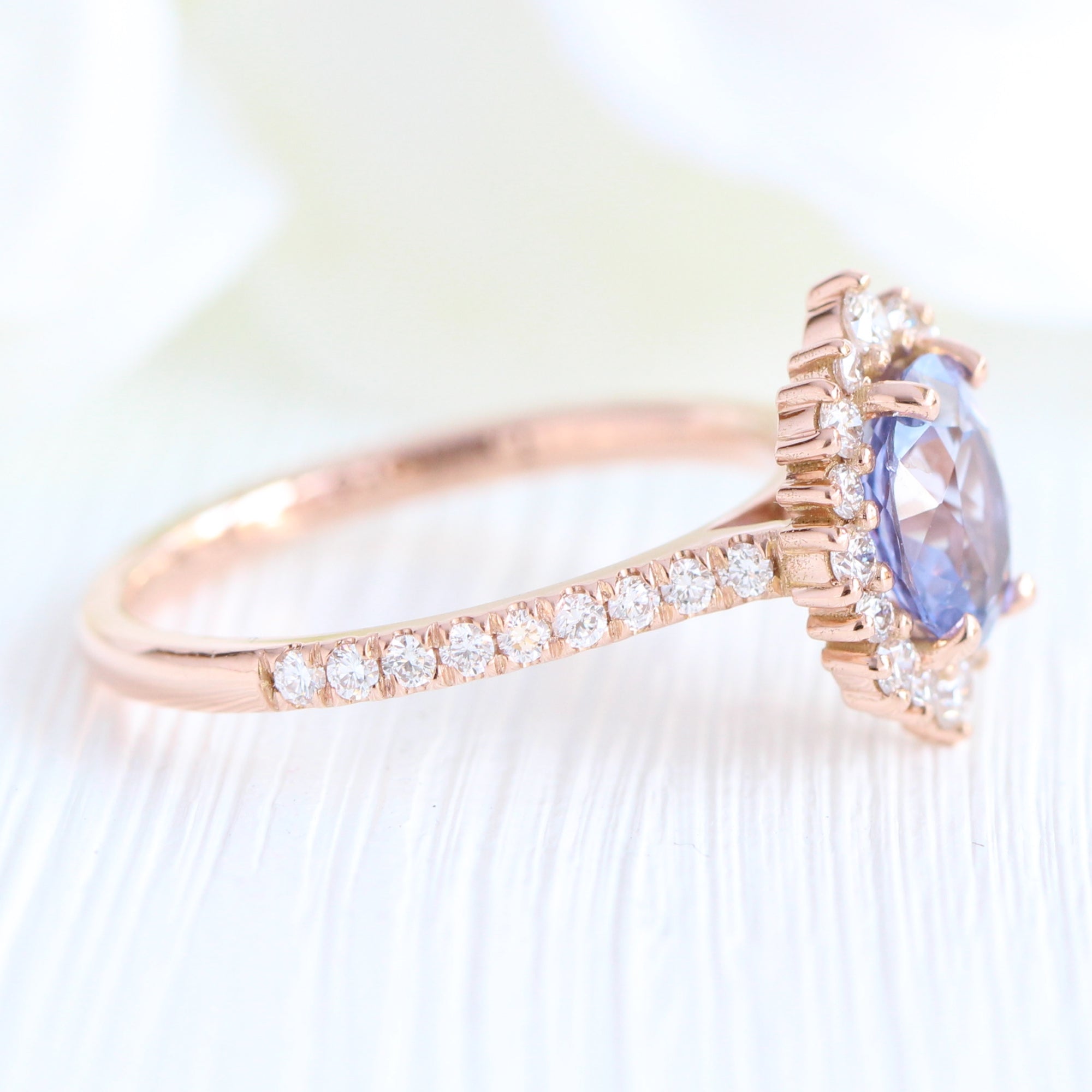 Lavender sapphire ring rose gold halo diamond oval engagement ring la more design jewelry