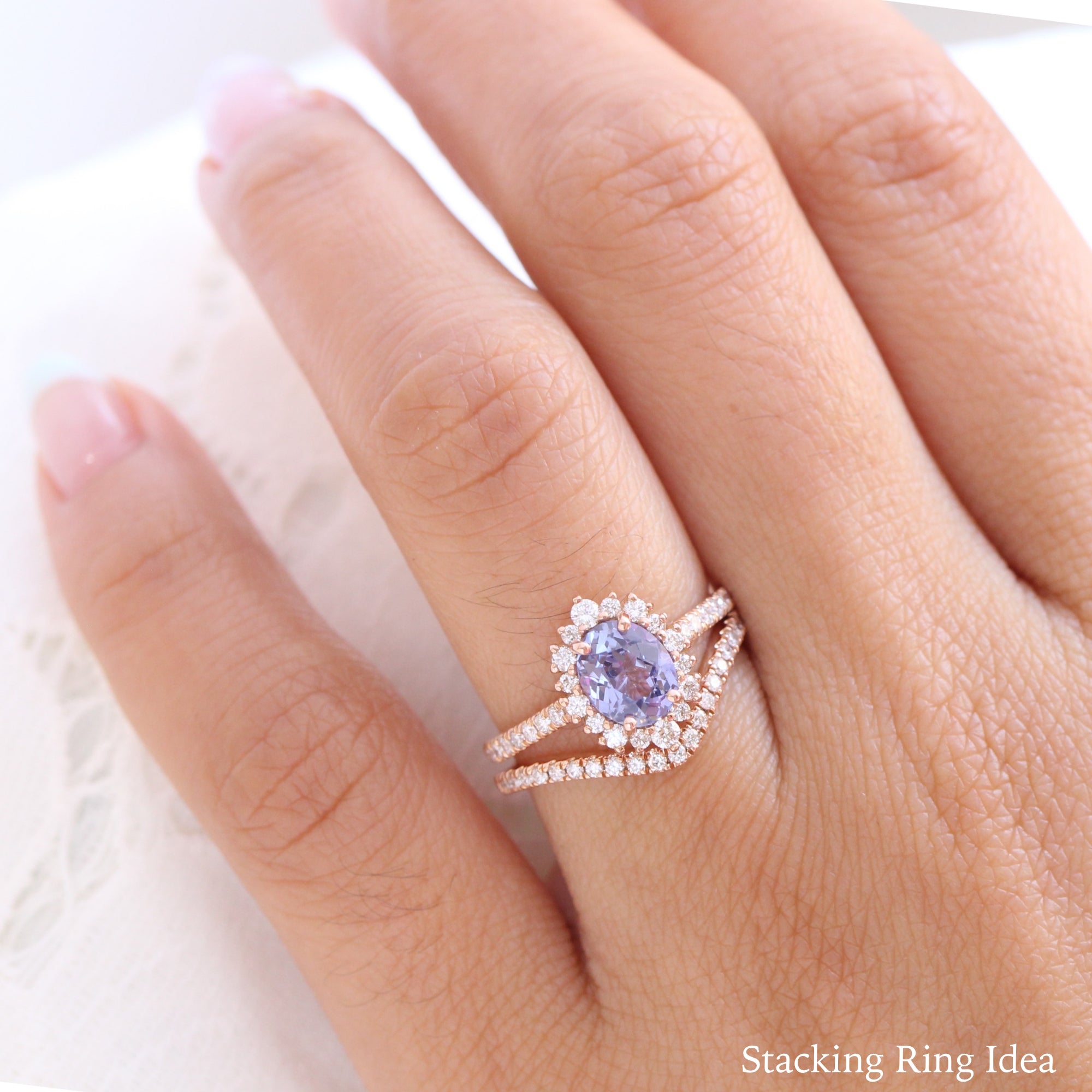 Lavender sapphire ring rose gold halo diamond oval engagement ring la more design jewelry