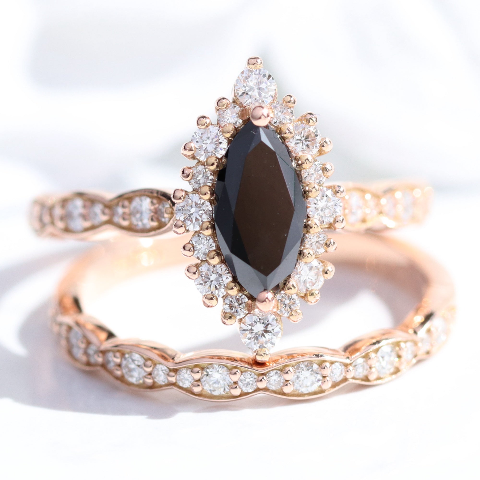 Marquise cut black diamond ring bridal set rose gold halo diamond engagement ring stack la more design jewelry