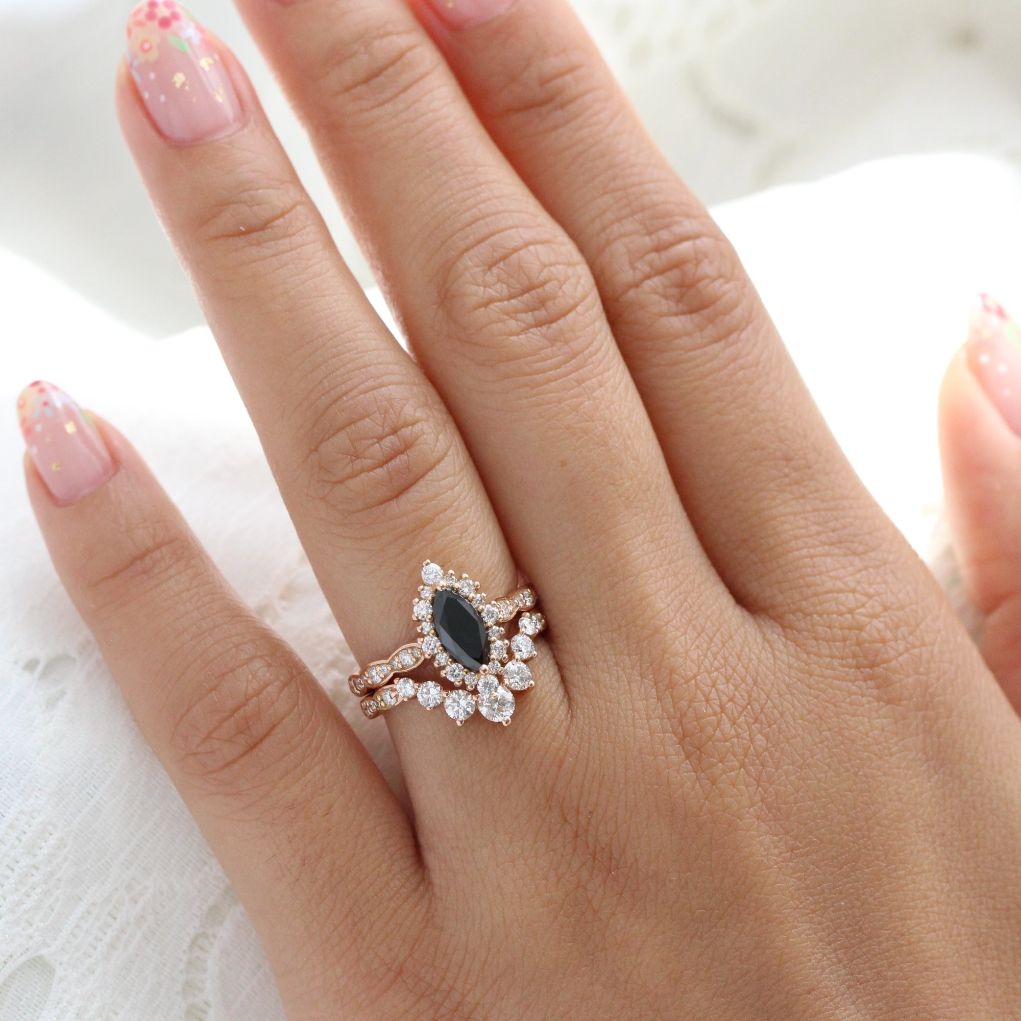 Marquise cut black diamond ring bridal set rose gold halo diamond engagement ring stack la more design jewelry