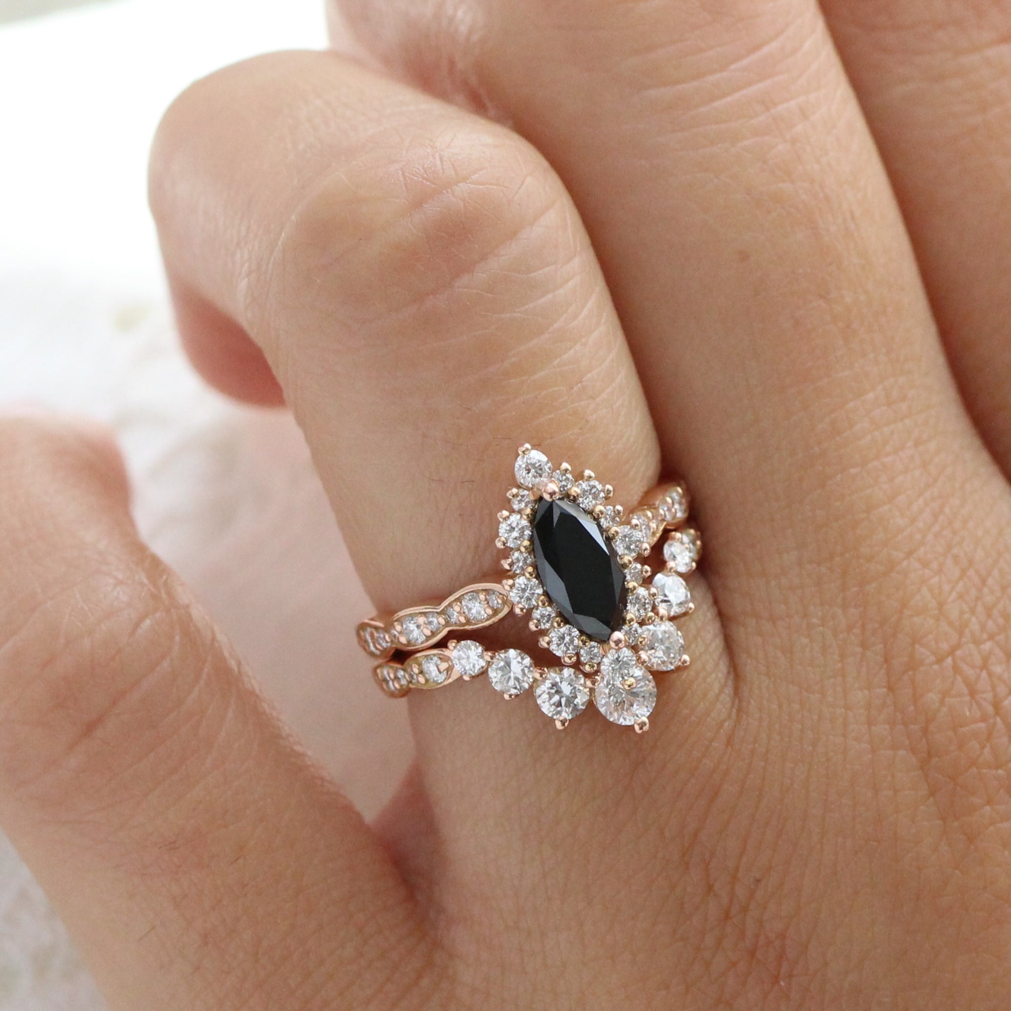 Marquise cut black diamond ring bridal set rose gold halo diamond engagement ring stack la more design jewelry