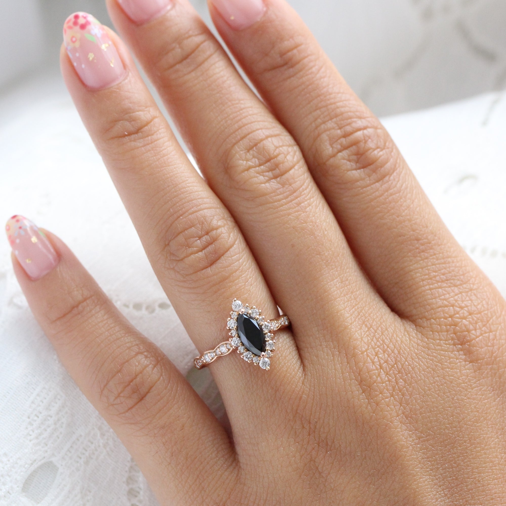 Marquise cut black diamond ring rose gold halo diamond engagement ring la more design jewelry