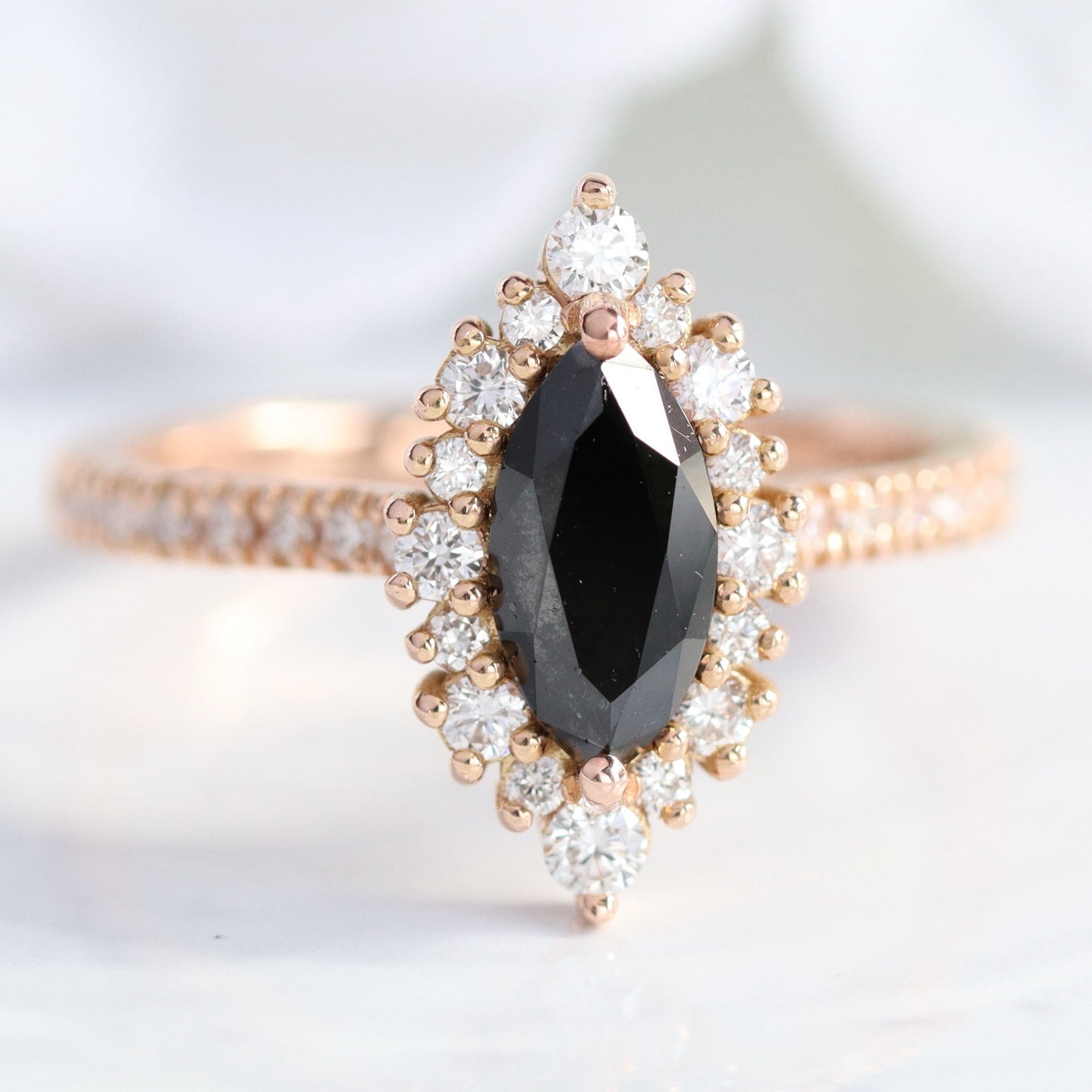 Marquise natural black diamond engagement ring rose gold halo diamond ring la more design jewelry