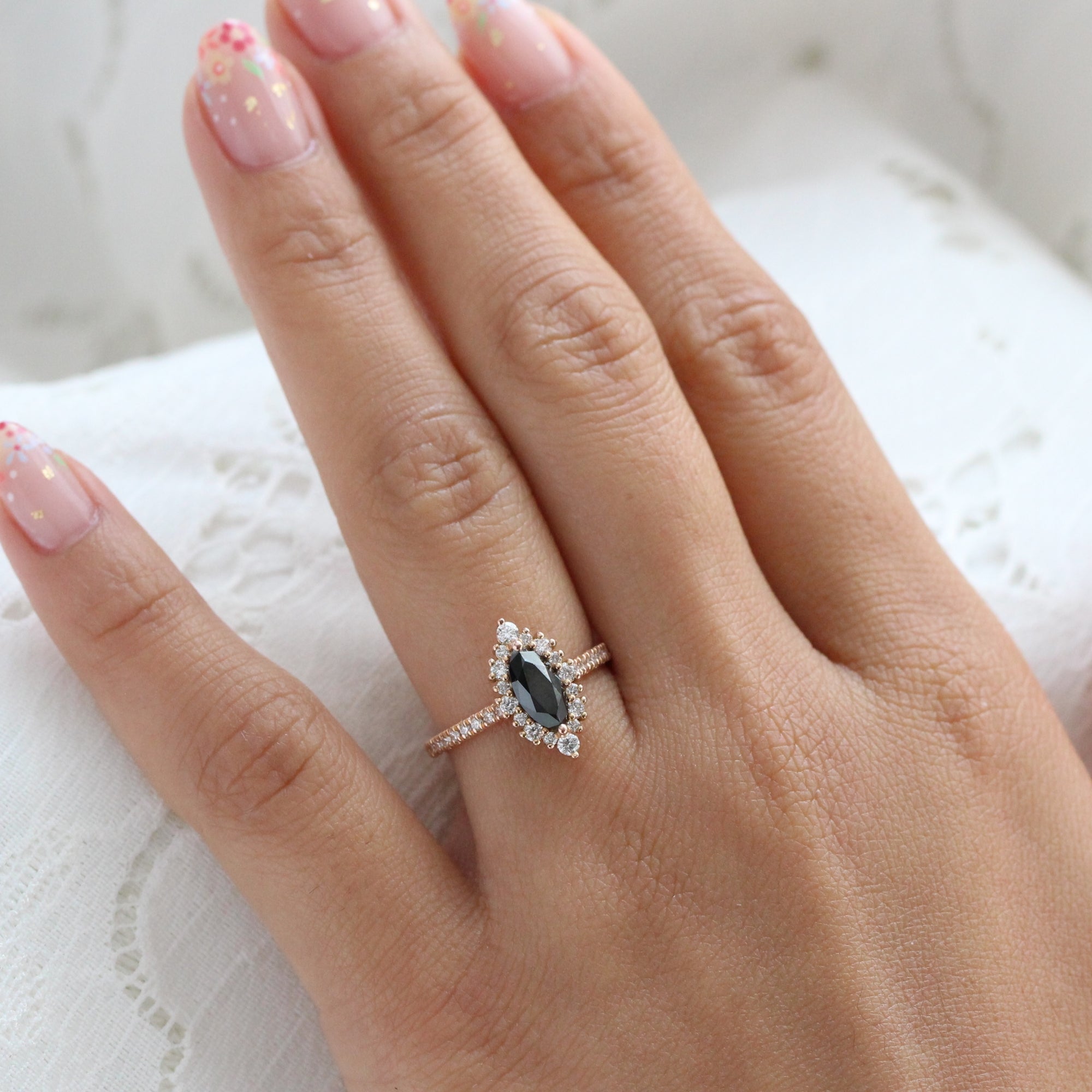 Marquise natural black diamond engagement ring rose gold halo diamond ring la more design jewelry