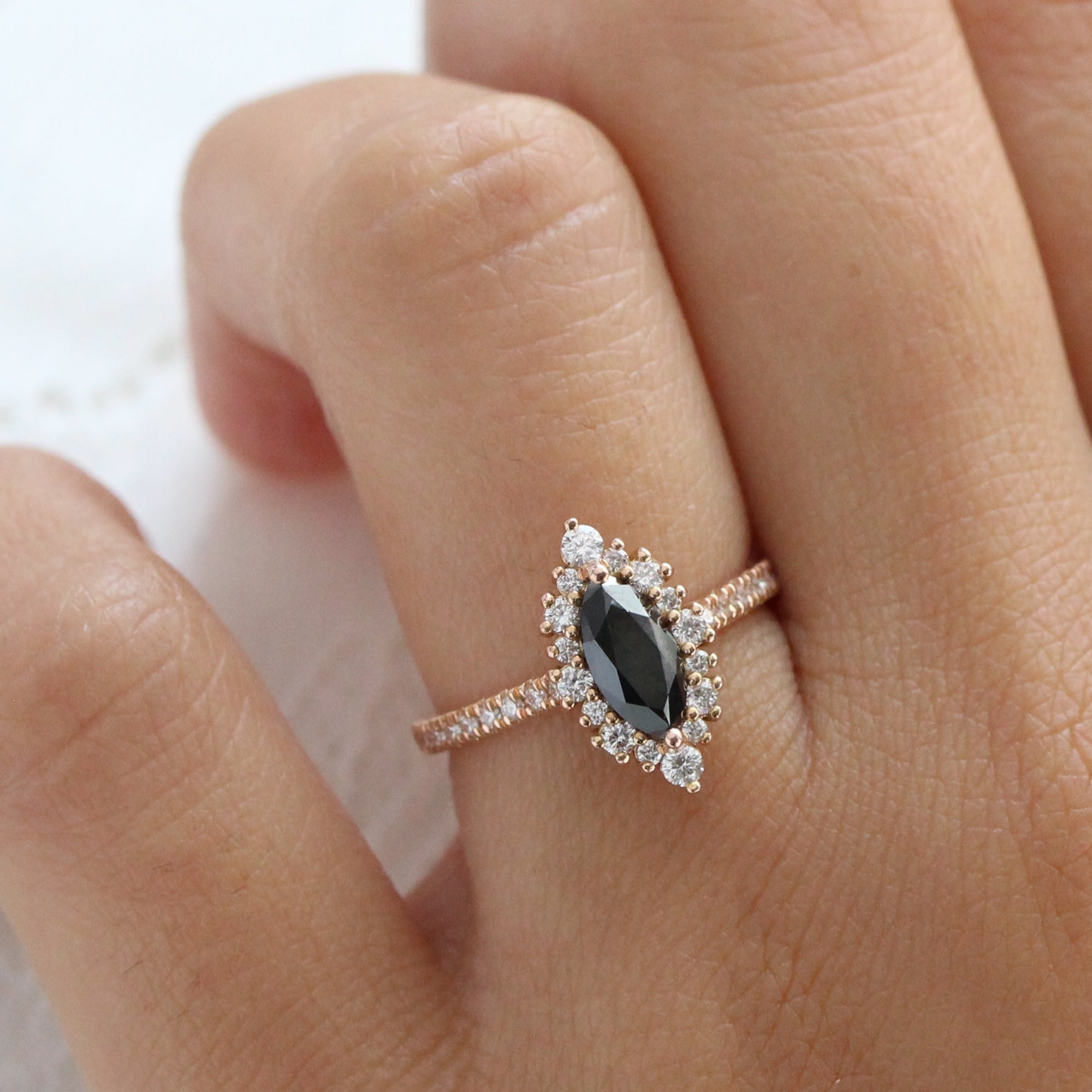 Marquise natural black diamond engagement ring rose gold halo diamond ring la more design jewelry