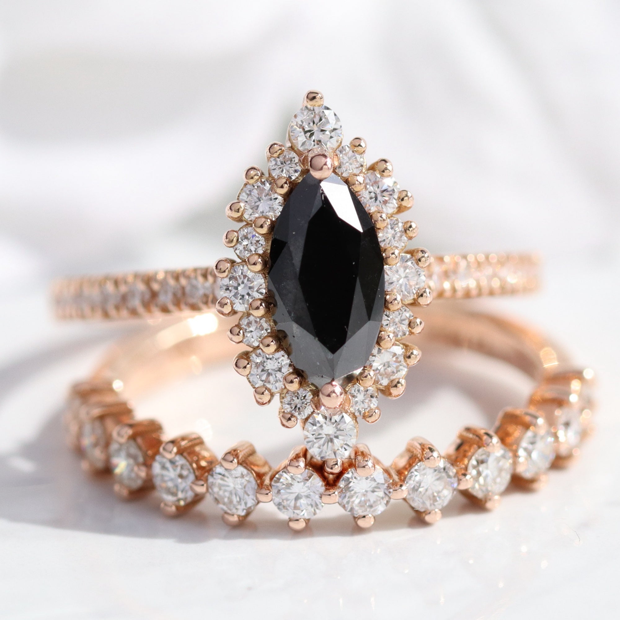 Marquise natural black diamond engagement ring stack rose gold halo diamond ring bridal set la more design jewelry