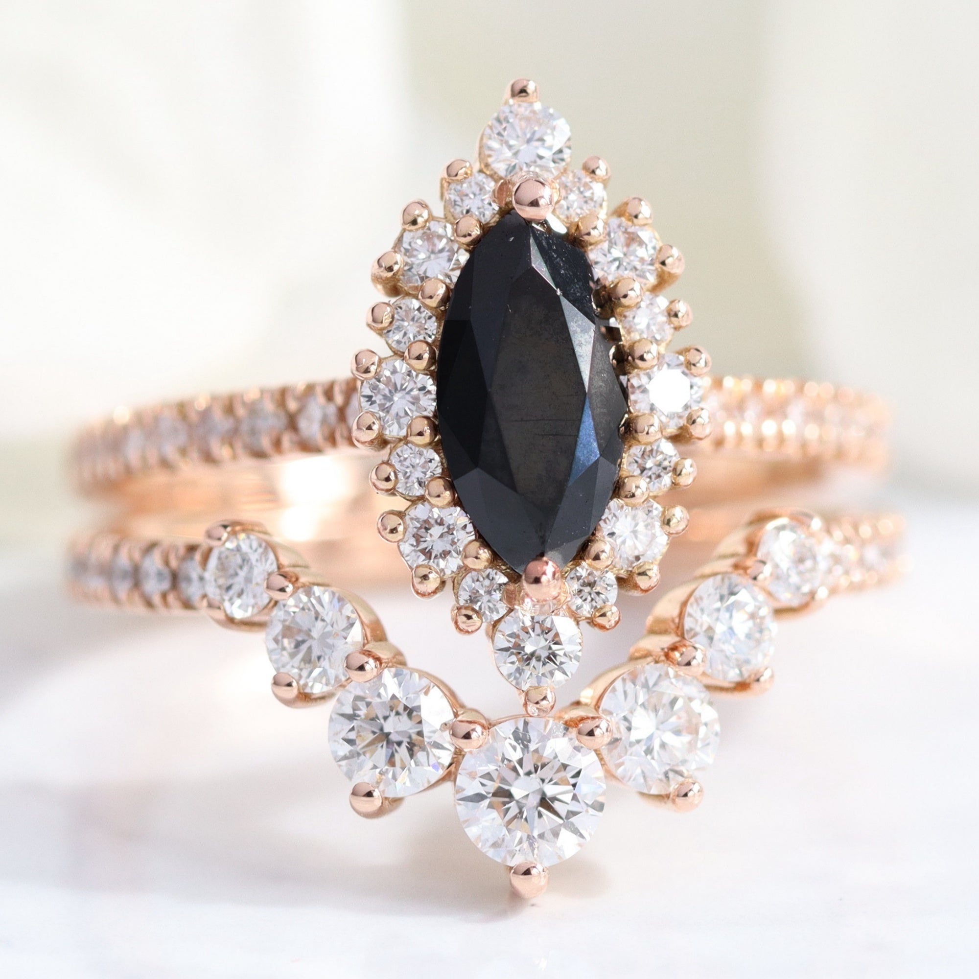 Marquise natural black diamond engagement ring stack rose gold halo diamond ring bridal set la more design jewelry