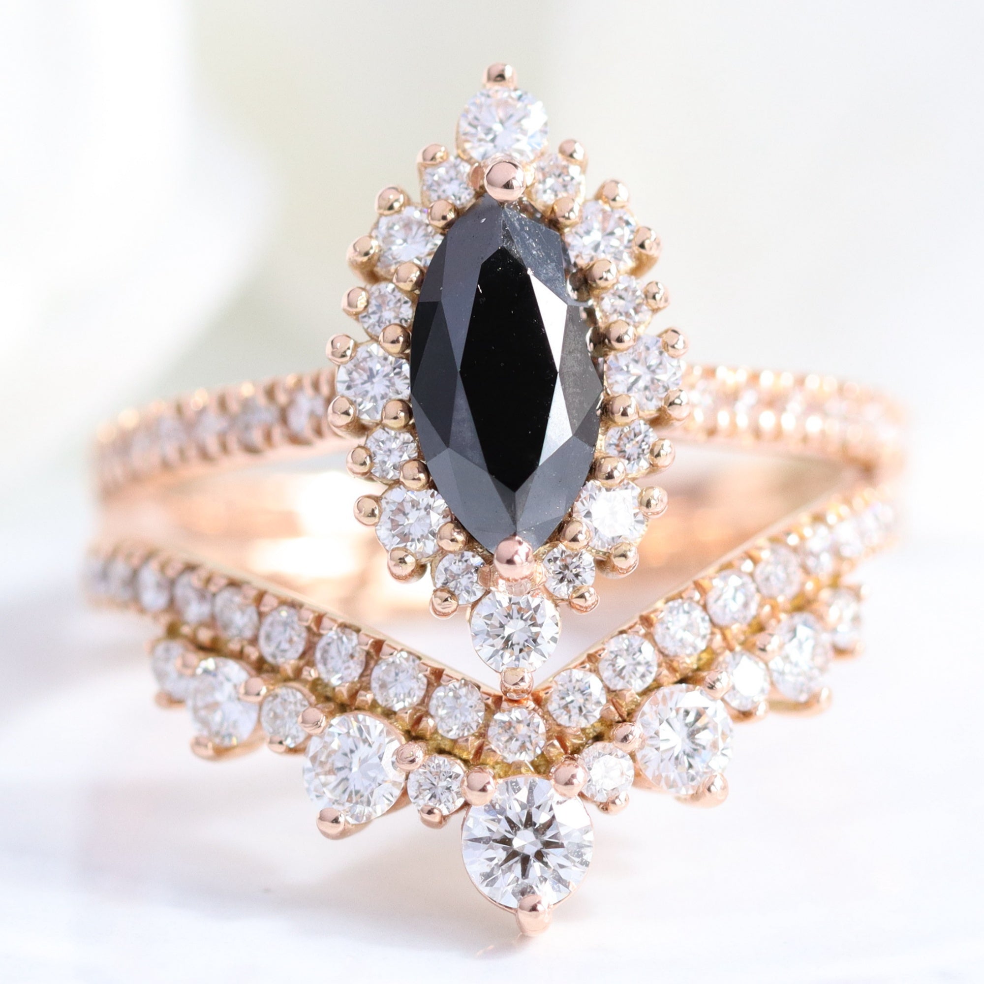 Marquise natural black diamond engagement ring stack rose gold halo diamond ring bridal set la more design jewelry