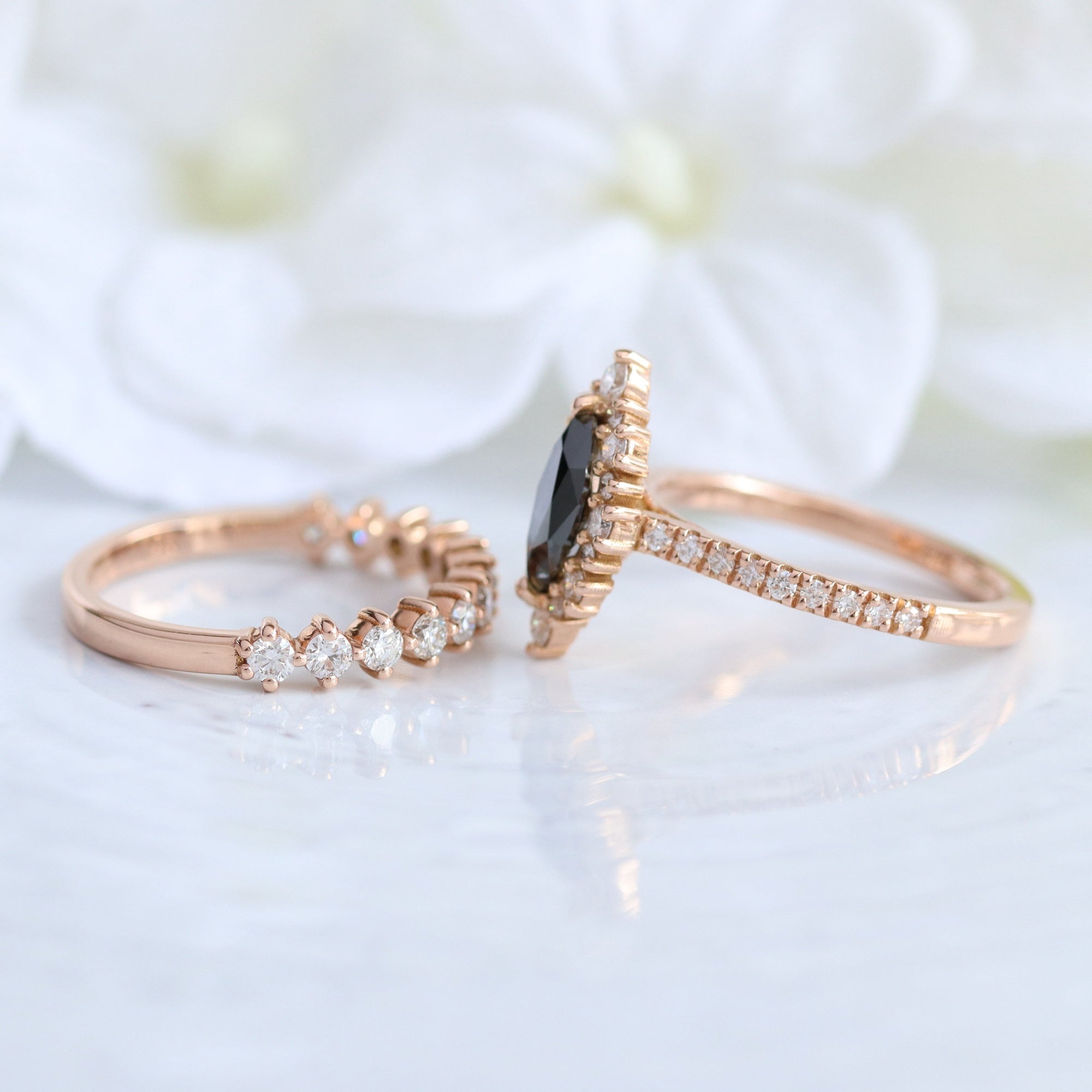 Marquise natural black diamond engagement ring stack rose gold halo diamond ring bridal set la more design jewelry