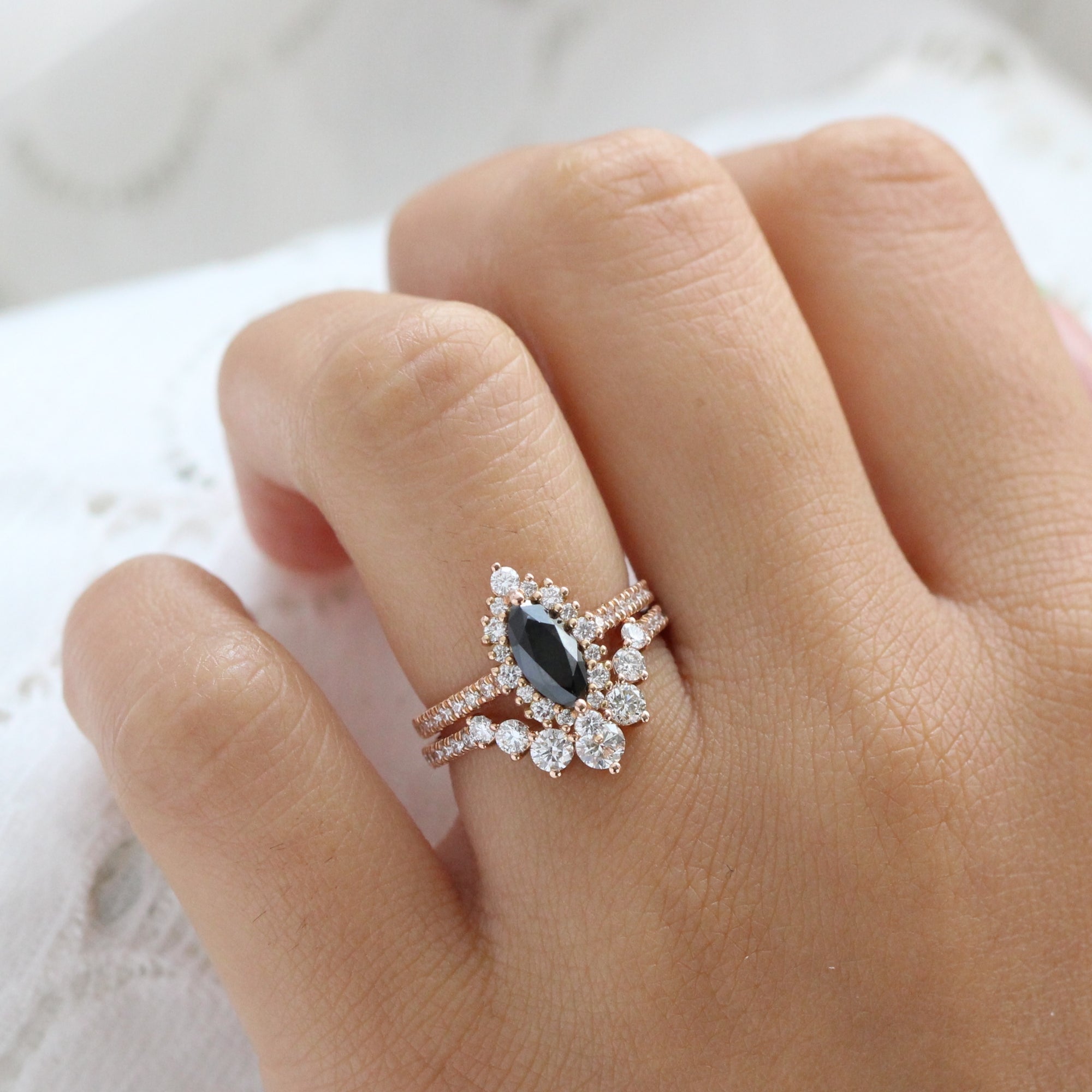 Marquise natural black diamond engagement ring stack rose gold halo diamond ring bridal set la more design jewelry