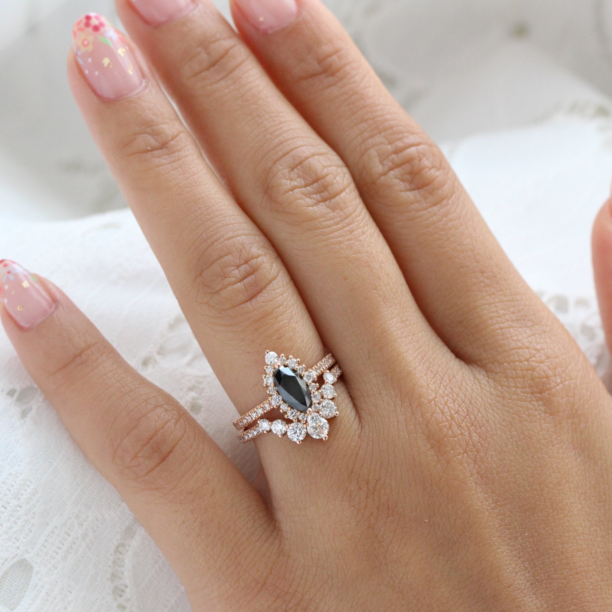 Marquise natural black diamond engagement ring stack rose gold halo diamond ring bridal set la more design jewelry